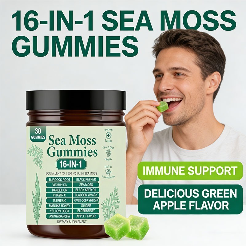 16 in 1 Organic Sea Moss Gummy | Irishmoss Extract 6000Mg | Green Apple Flavor