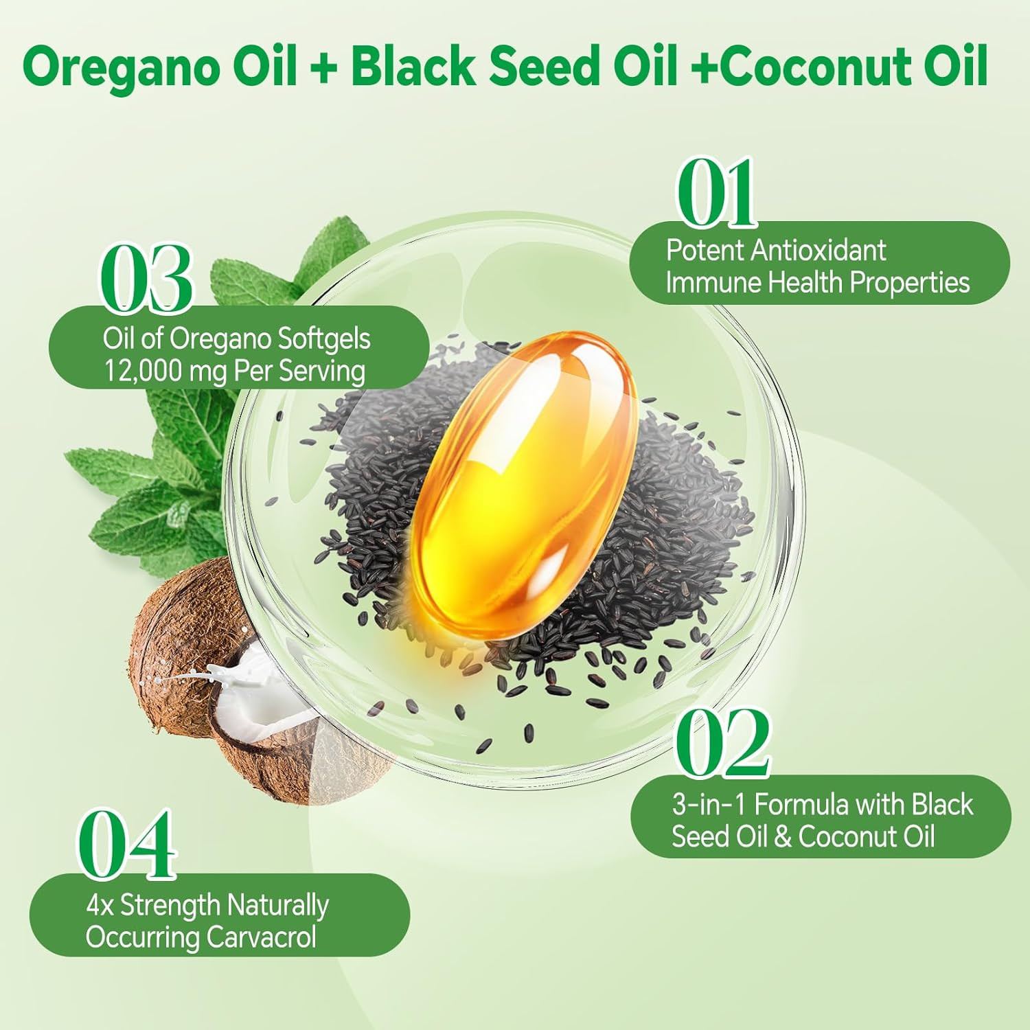 40:1 Oil of Oregano Softgels with Black Seed & Coconut Oil, 300 Count | 3-In-1 F