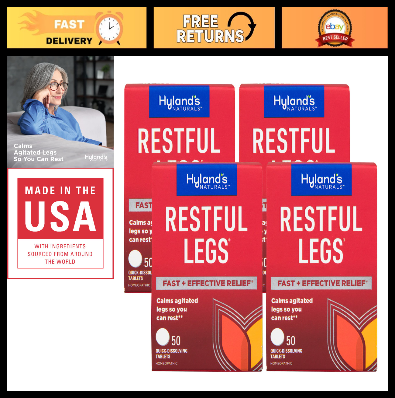 Restful Legs Relief Tablets – 50 Count, Pack of 4 – Natural Leg Cramp Support