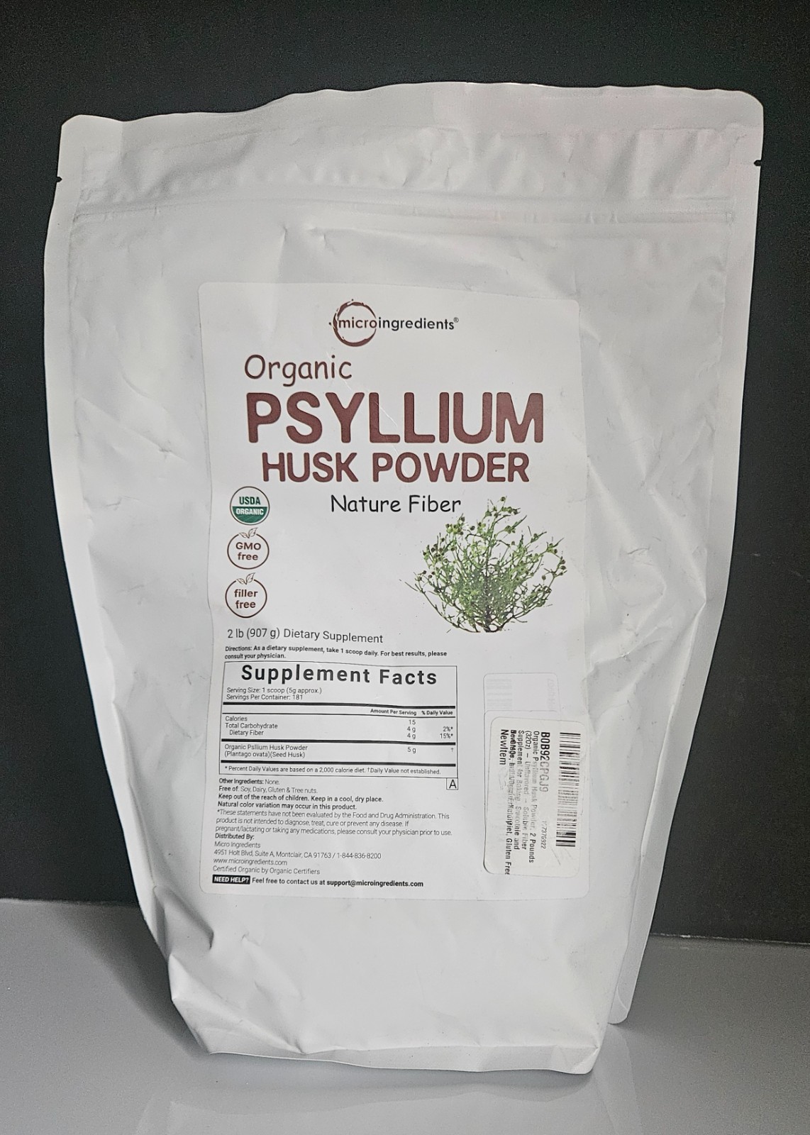 MicroIngredients Organic Psyllium Husk Powder, 2 Pounds, Exp 12/26