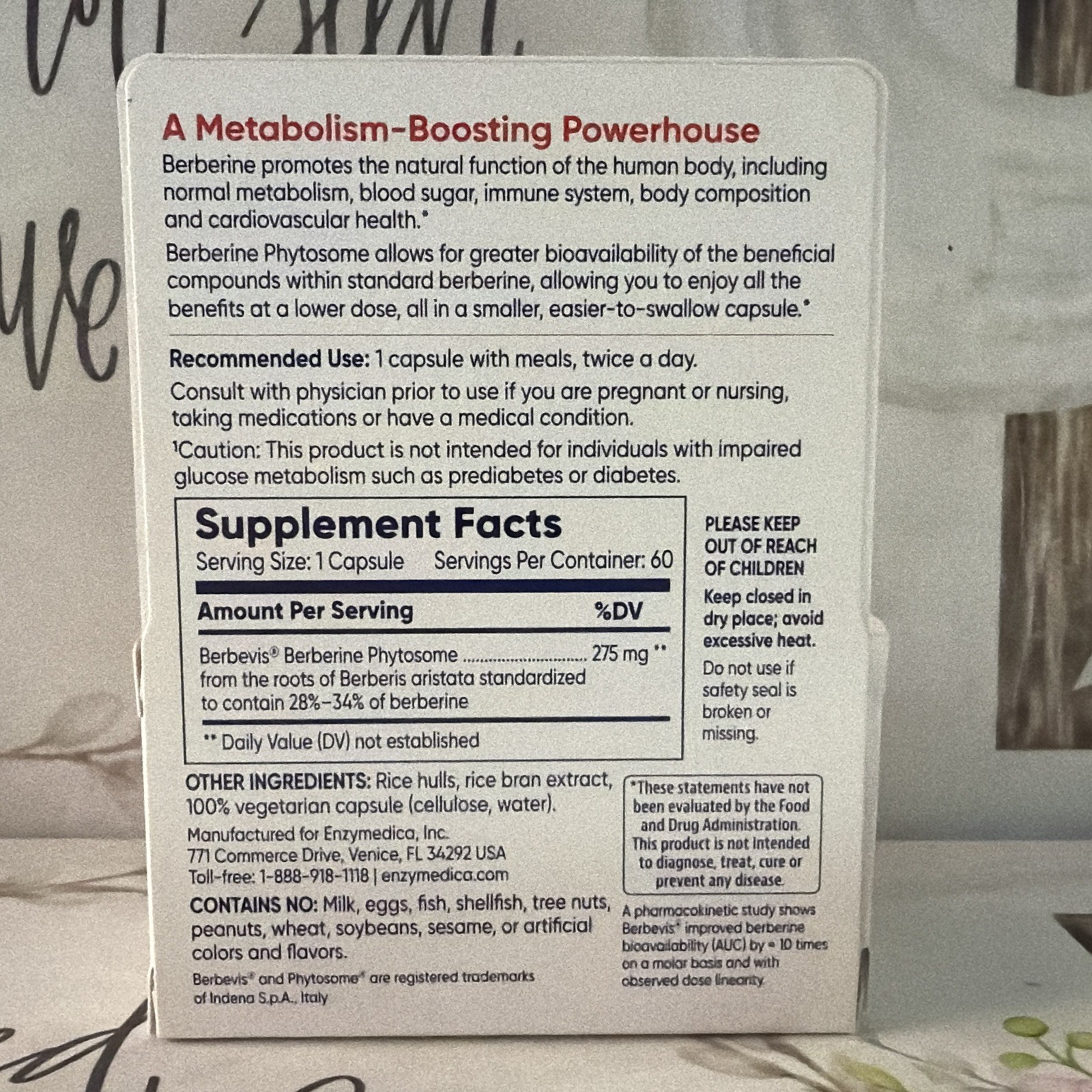 ENZYMEDICA Berberine PHYTOSEME METABOLISM BOOSTER 60 CAPS 2Pk Exp:10/26