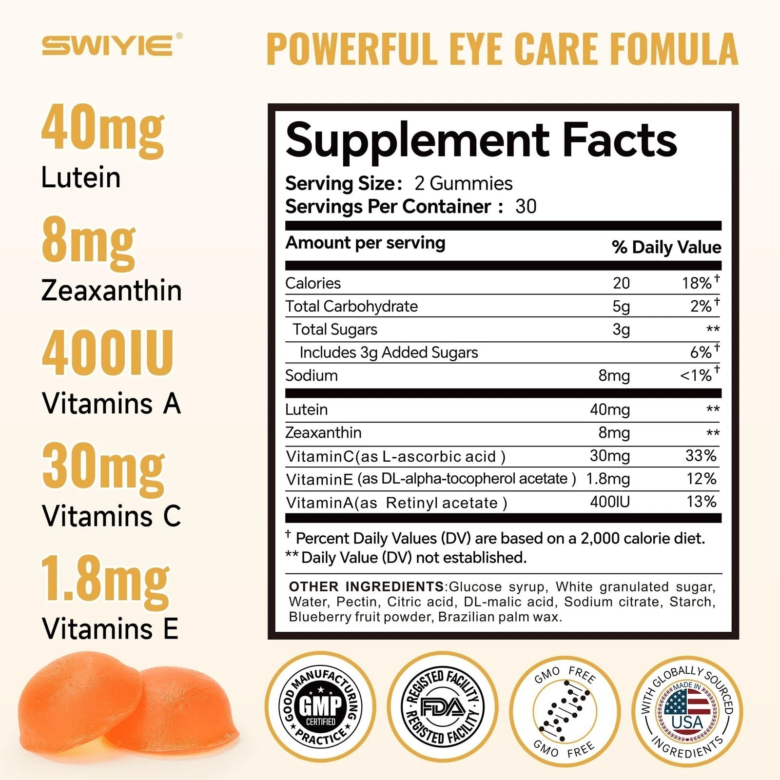 Lutein 40mg Gummies for Eyes – with Zeaxanthin, Vitamins A/C/E, Blueberry Flavor