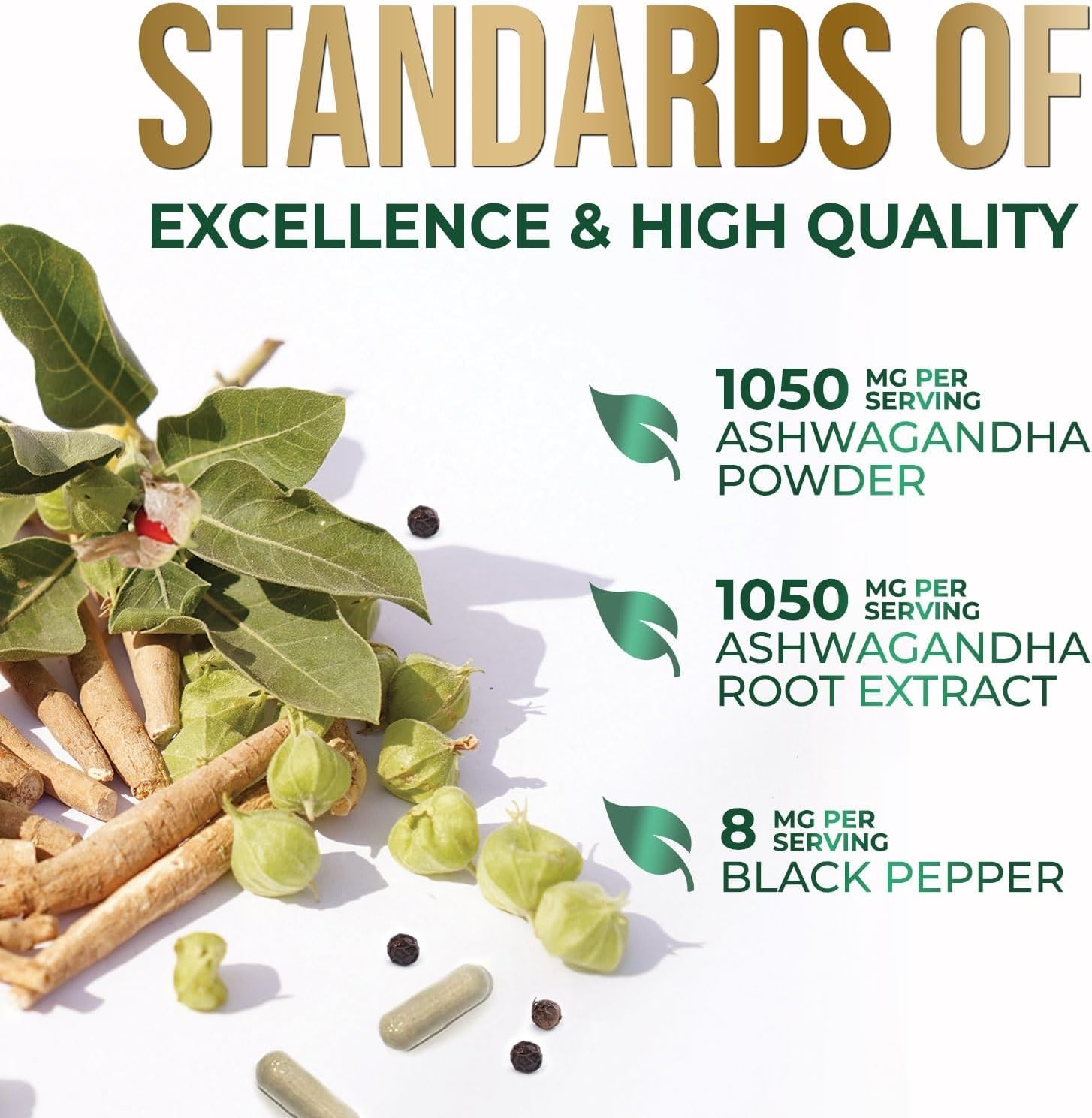 Organic Ashwagandha 2100mg, 60 Capsules w/ Black Pepper Root Supplement