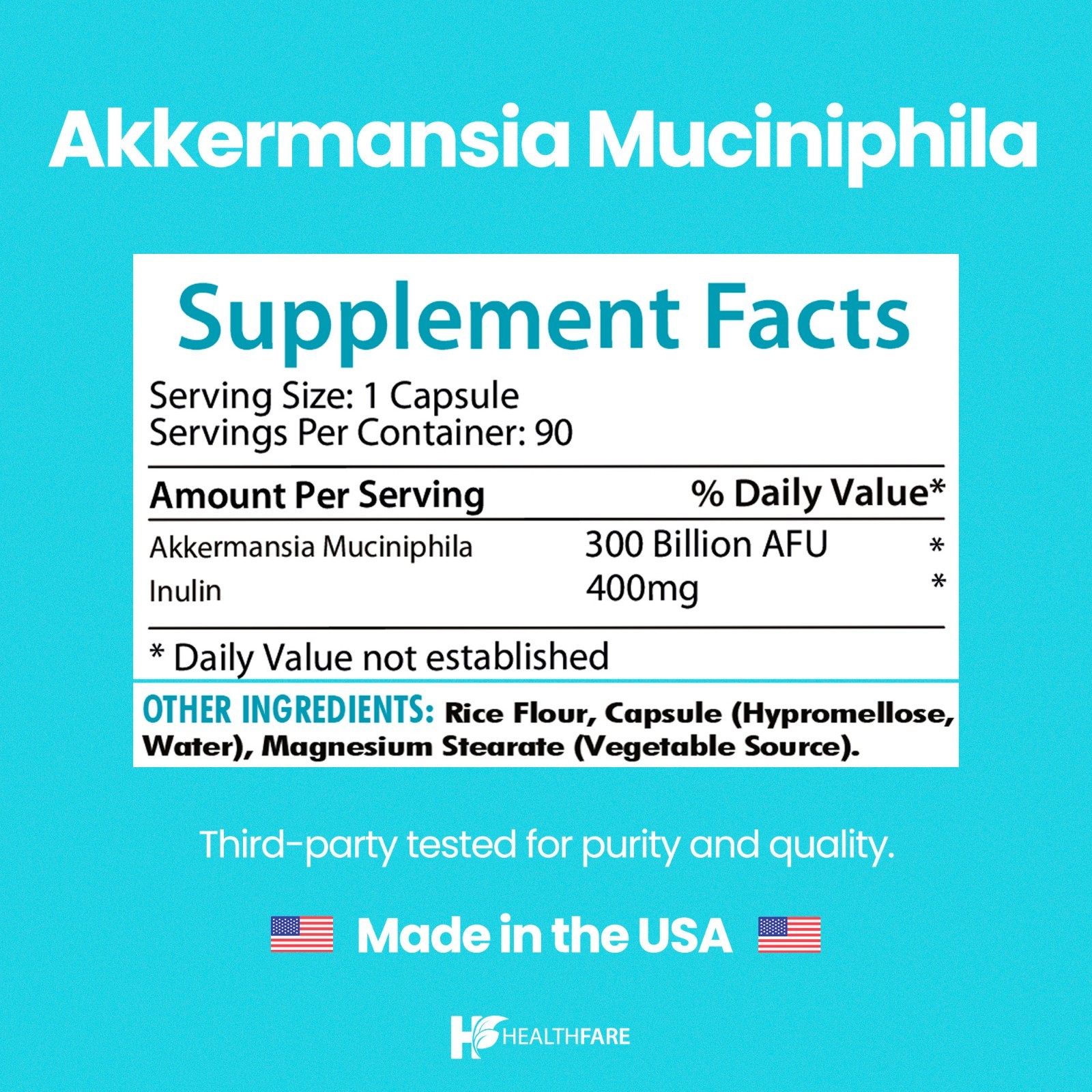 Healthfare Akkermansia 90 Caps Muciniphila 300 Bi AFU and Prebiotic Fiber Inulin