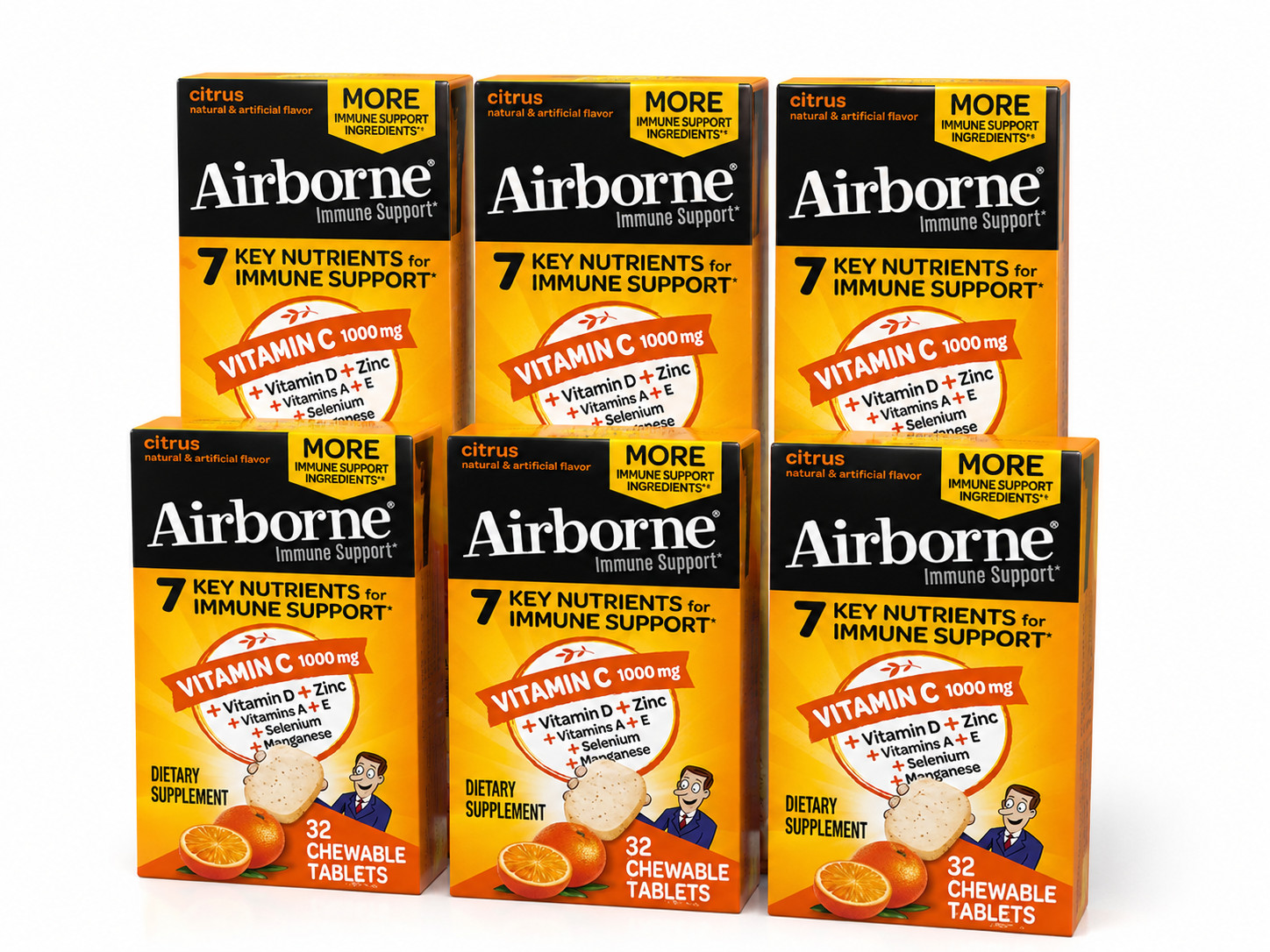 AIRBORNE 32 CHEWABLE TABLETS EACH CITRUS FLAVOR 6 PACK NEW 08/2026