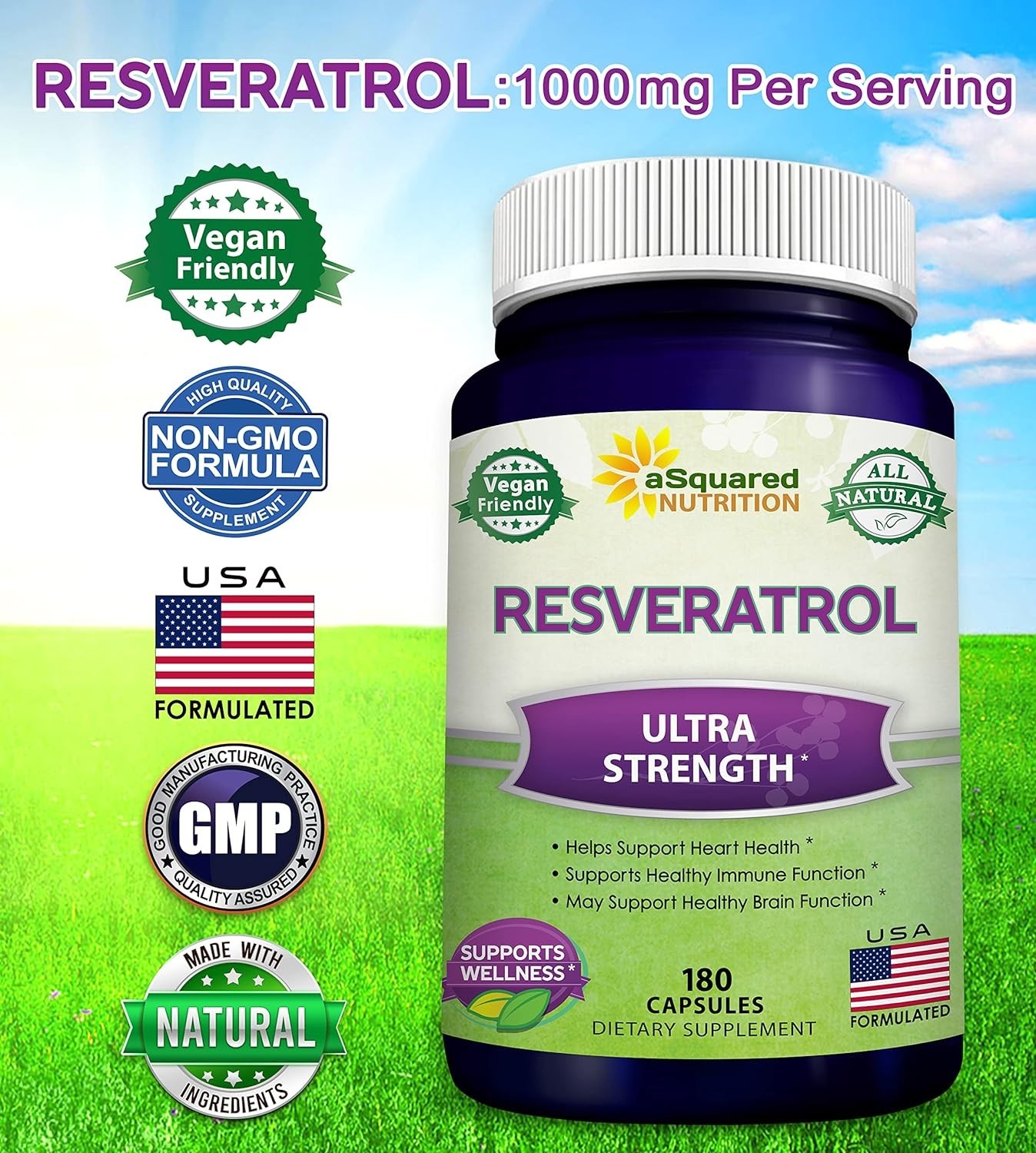 100% Natural Resveratrol – 1000mg Per Serving Max Strength 180 Capsules Antio…