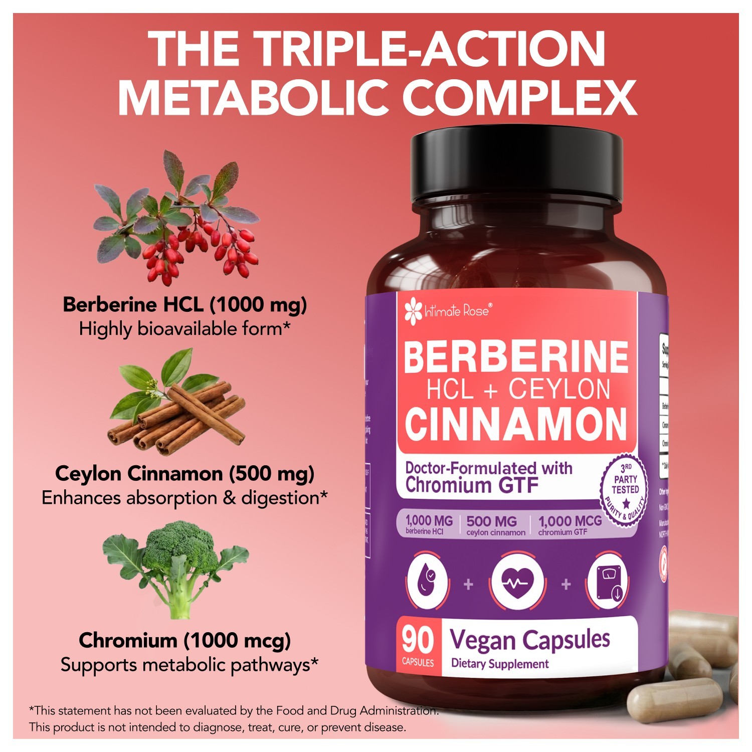 Berberine 1500mg Ceylon Cinnamon Chromium Supplement 90 Capsules Metabolism