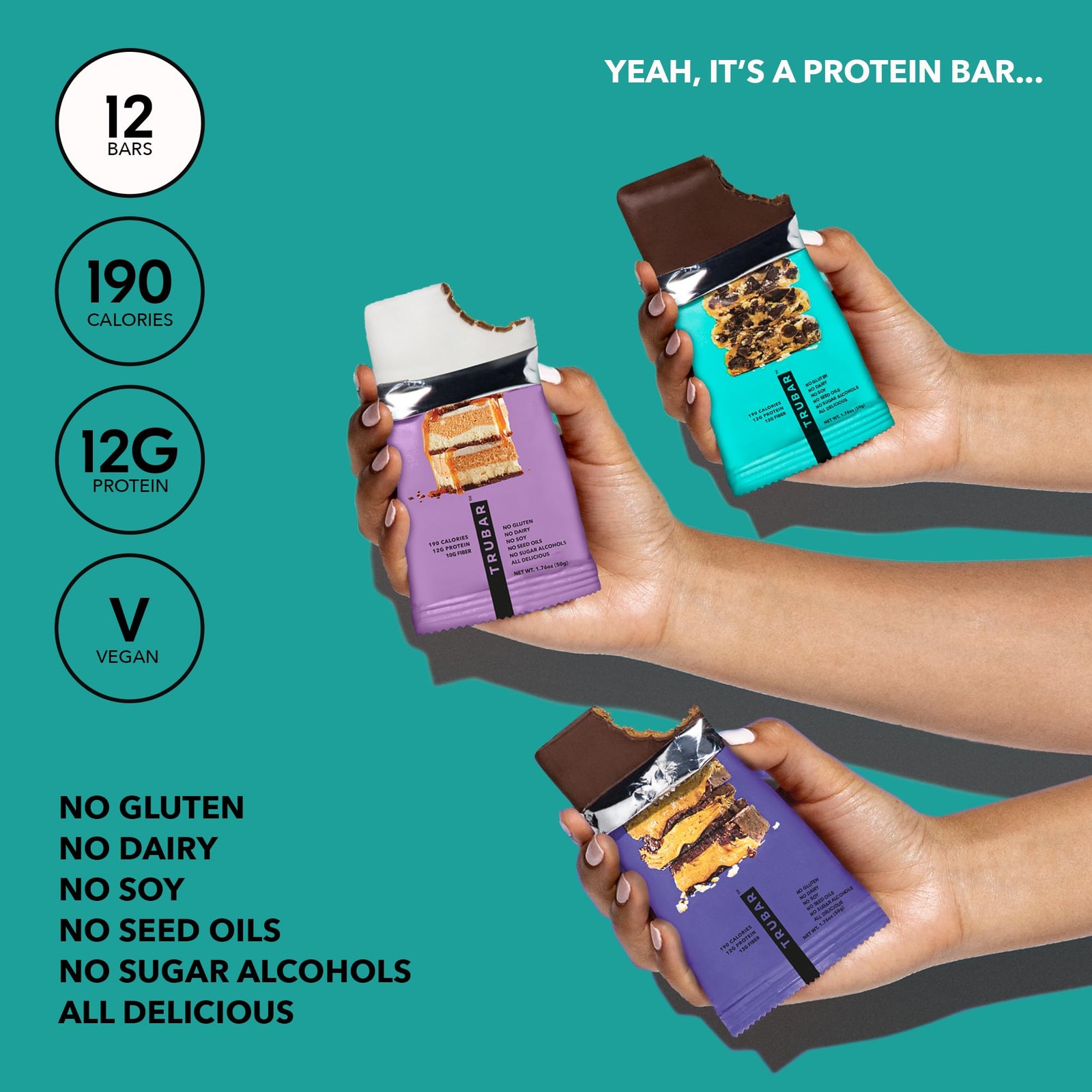 TRUBAR Vegan Protein Bar Variety Pack, Assorted Flavors, 1 Count (Pack of 12)
