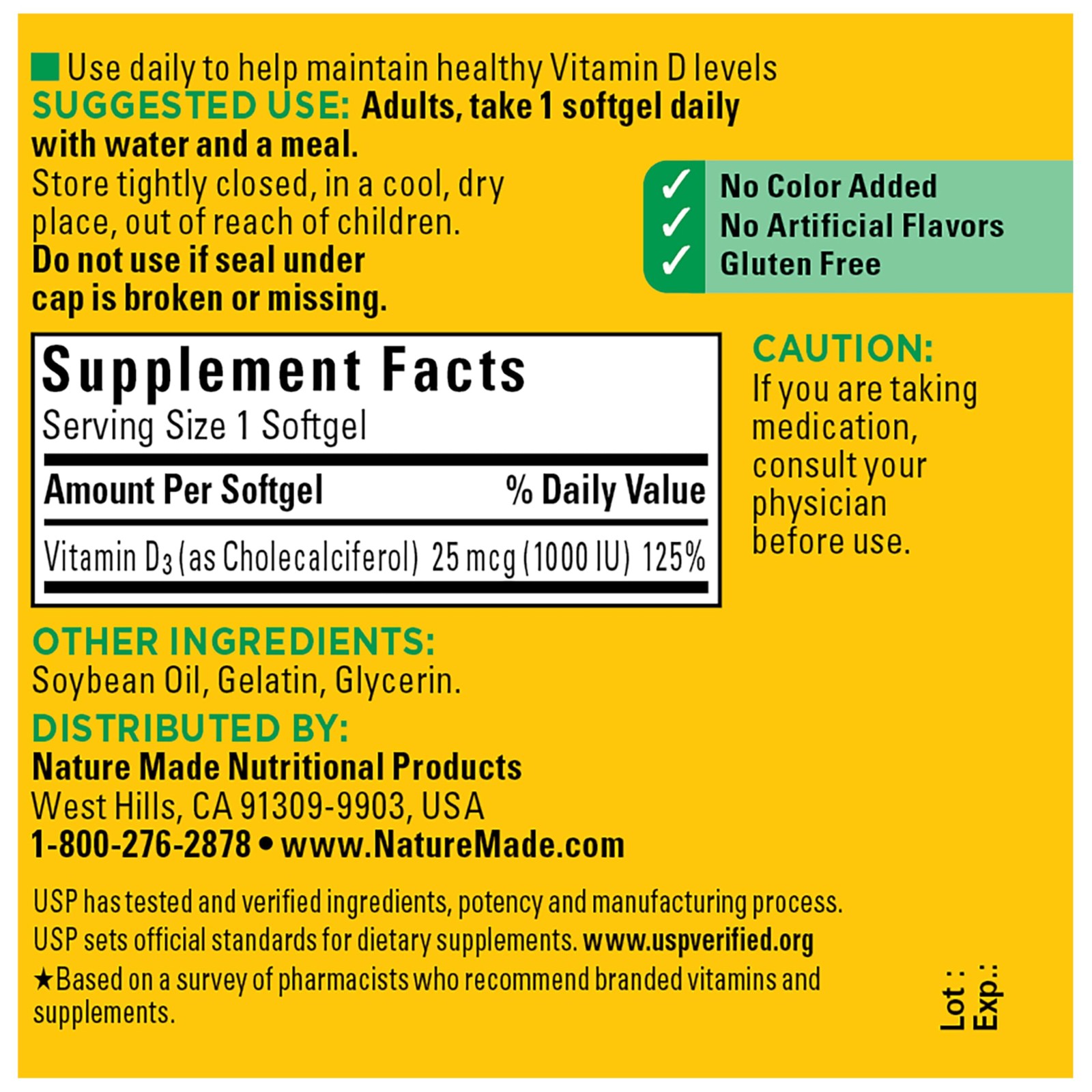 Nature Made Vitamin D3 1000 IU (25 mcg), 100 Count (Pack of 1), Brown