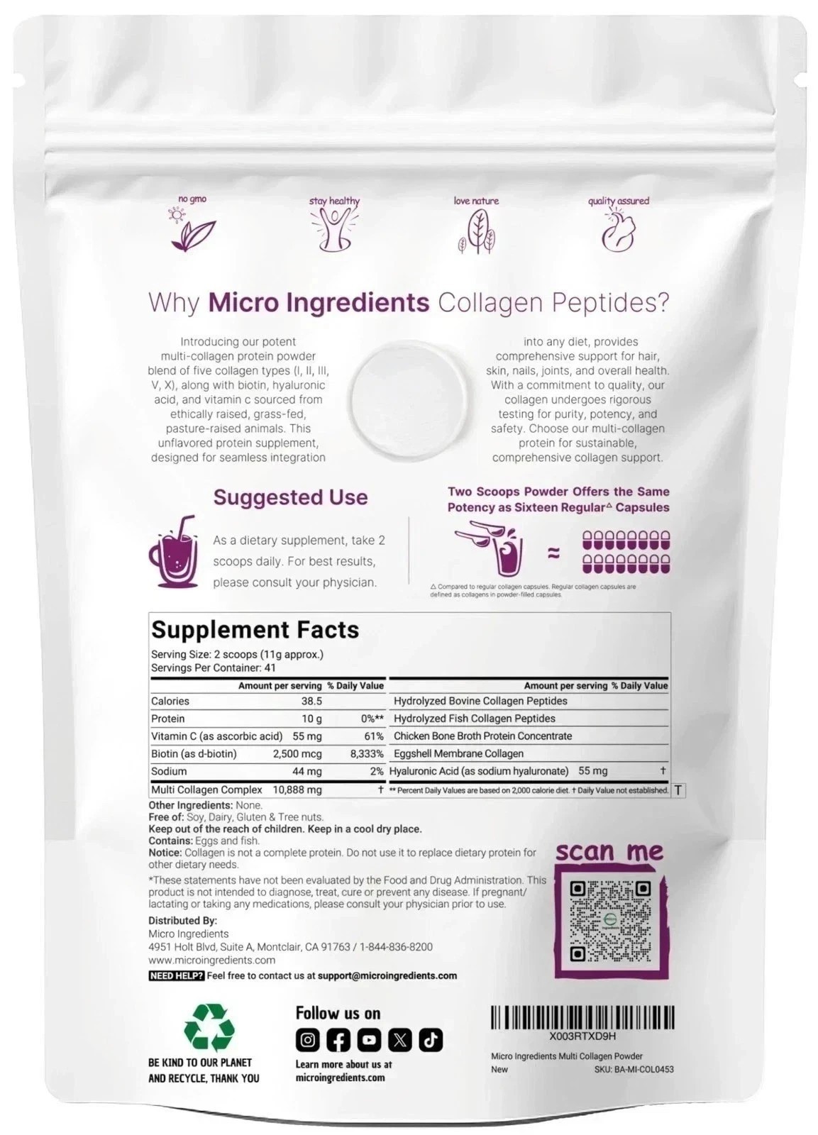 1LB Multi Collagen Peptides Powder–Hydrolyzed Protein with Type I, II, III, V, X