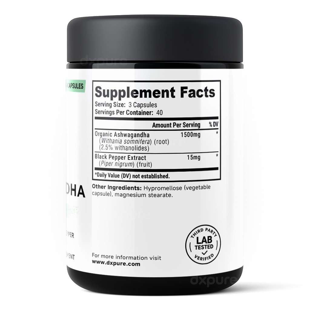 Ashwagandha Organic Herbal Supplement w/ Black Pepper – 1500mg – 120 Capsules