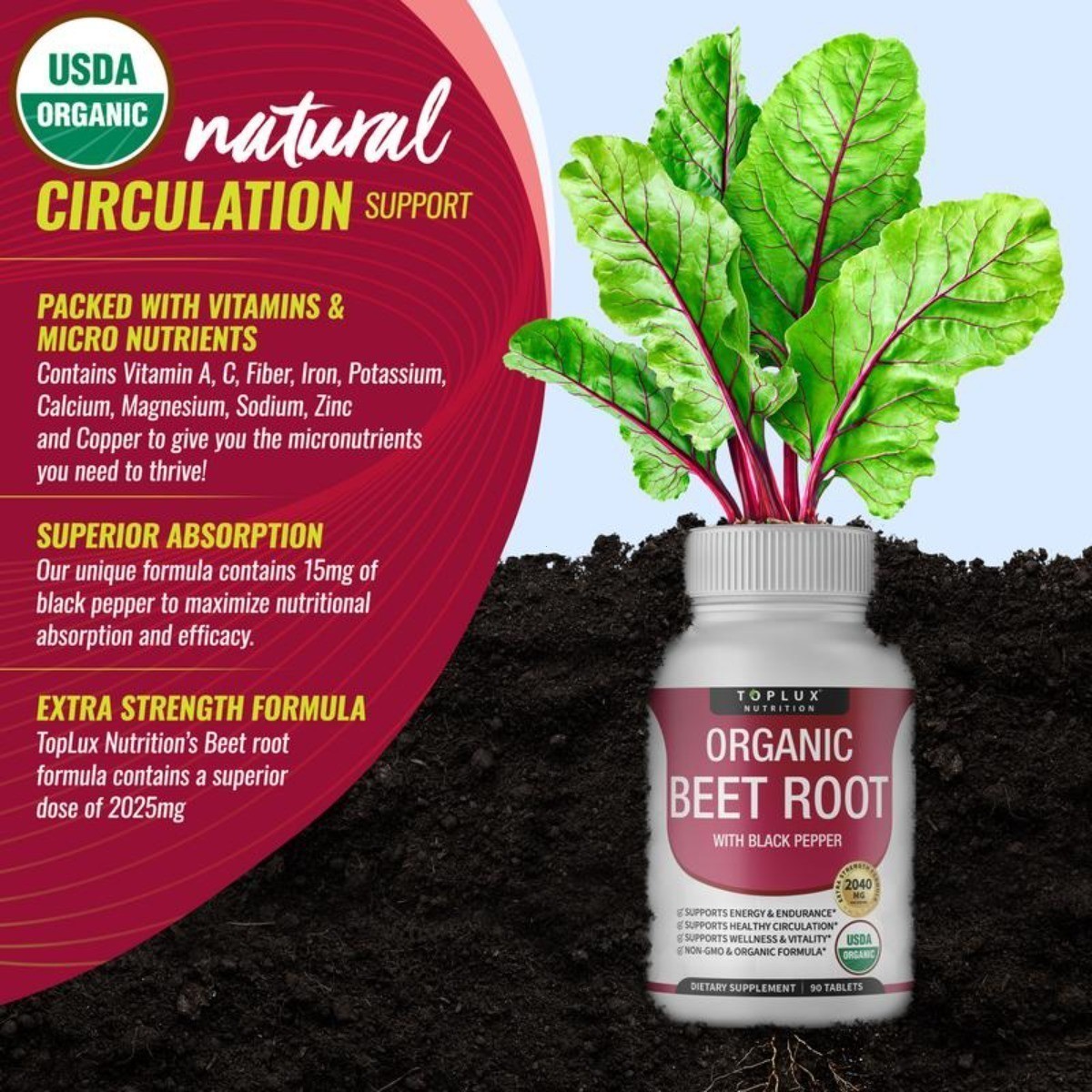 2040mg Toplux Organic Beet Root Tablets | Nitric Oxide Booster Supplement NEW