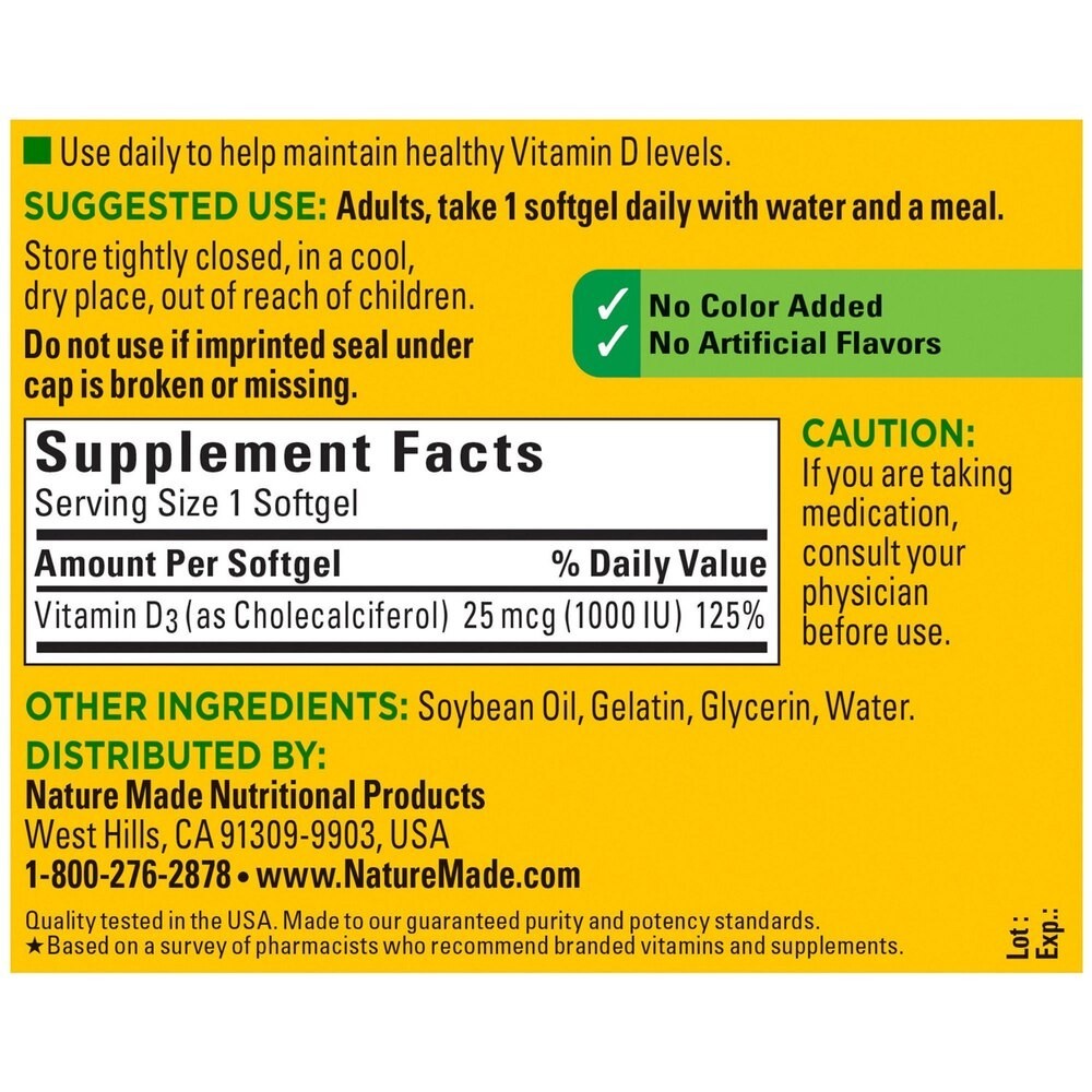 Nature Made Vitamin D3 1000 IU (25 mcg), 180 Softgels EXP: 07/28