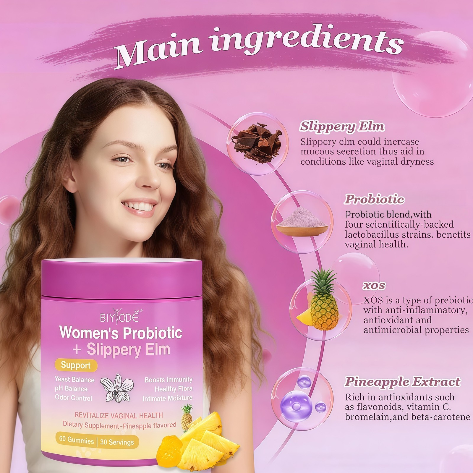 1-5PCS Feminine Probiotics Gummies Slippery Elm & Counts Women 60 Prebiotics
