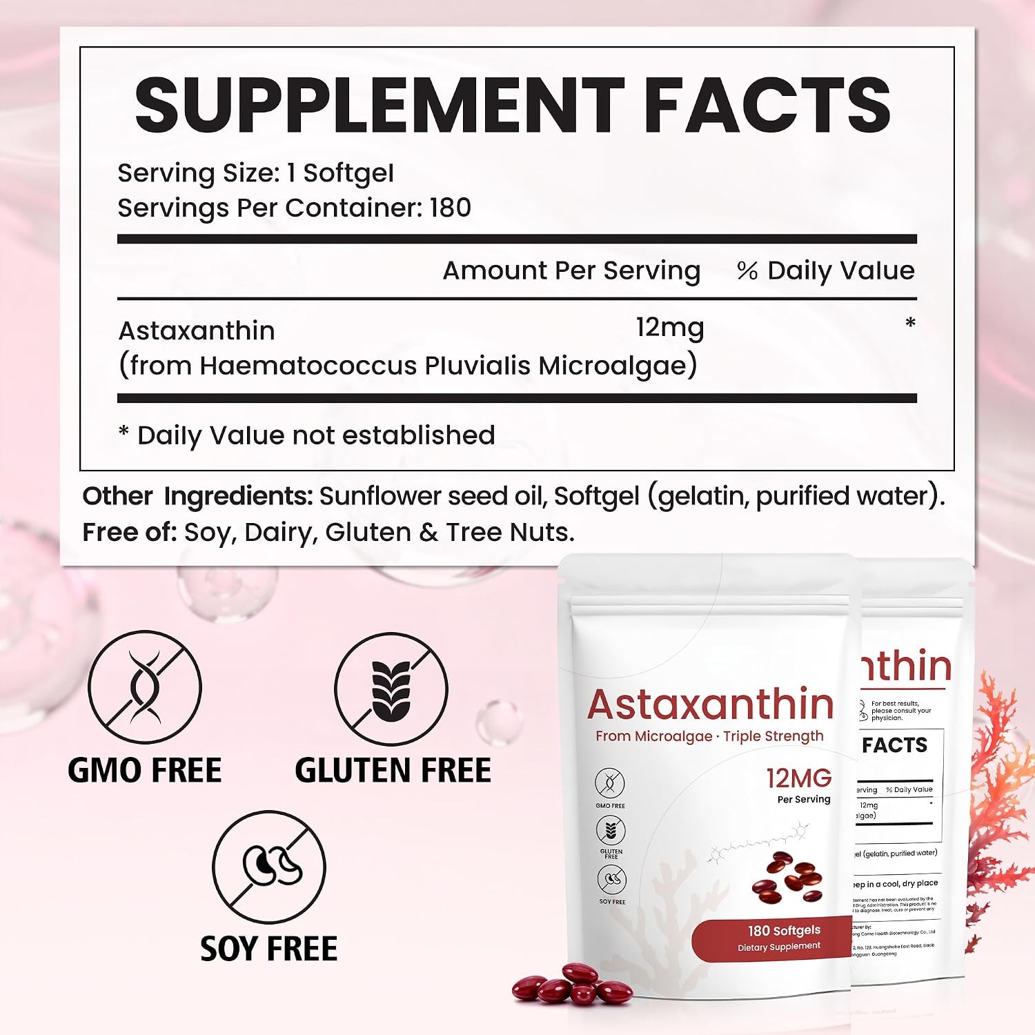 Astaxanthin 12mg Softgels 180 Count Natural Antioxidant Supplement 6 Month