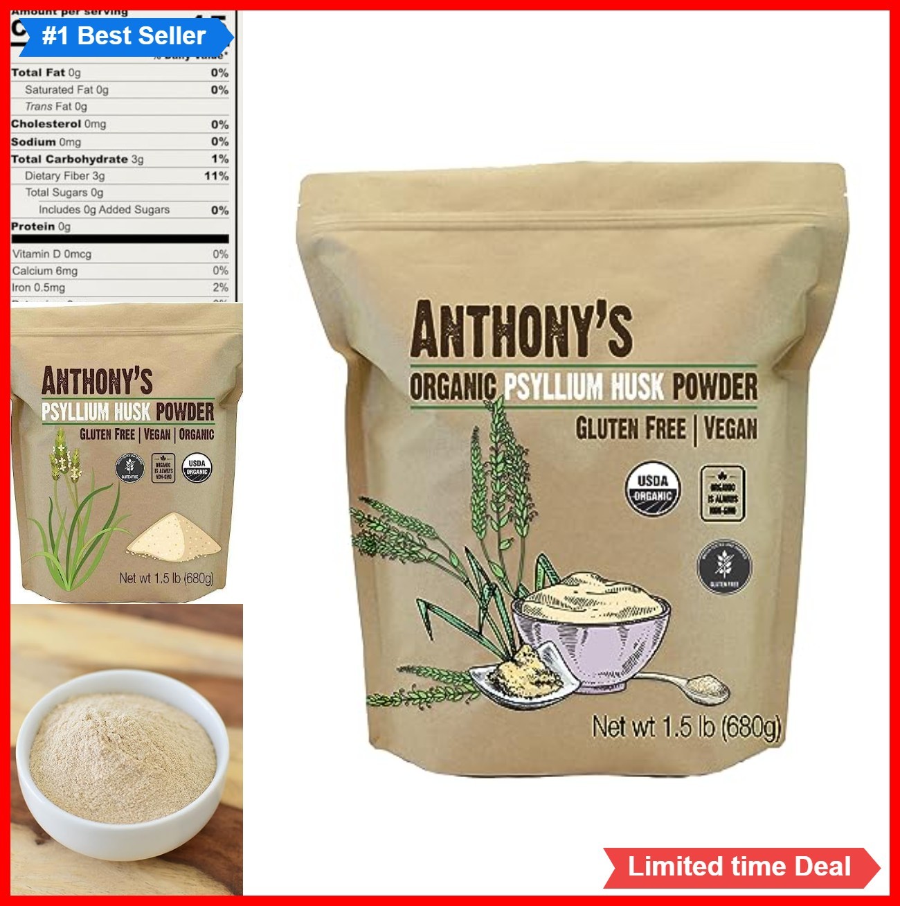 Organic Psyllium Husk Powder 1.5 lb Finely Ground Gluten Free Non GMO Vegan