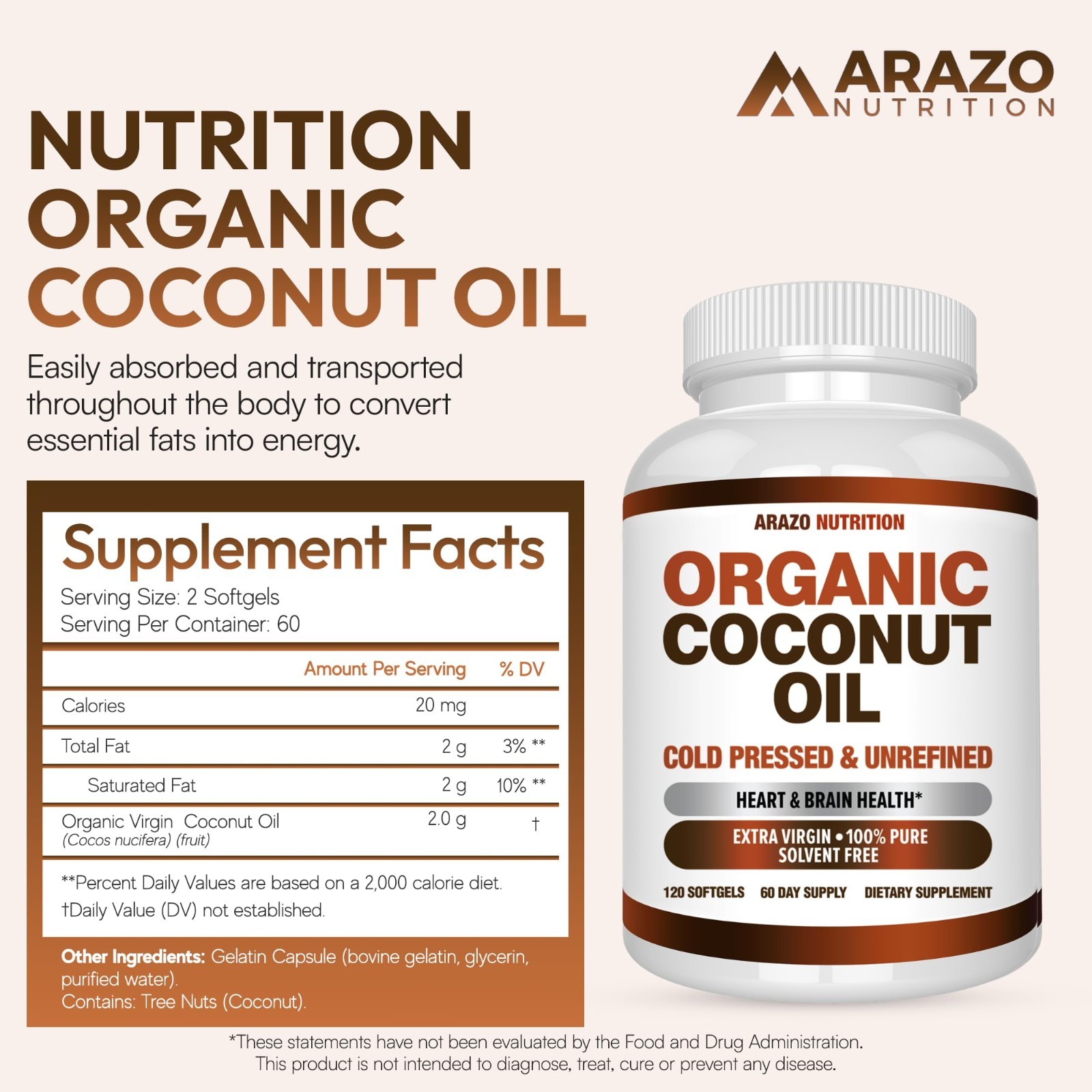 Organic Extra Virgin Coconut Oil 2000mg – Unrefined Cold Pressed Softgels for We
