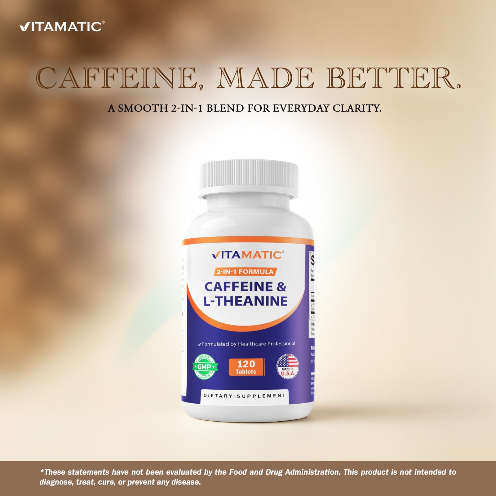 2 Packs Vitamatic Caffeine Pills with L-Theanine-300 mg per Tablet – 120 Tablets