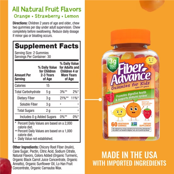 Fiber Advance Kids Digestive Health Fiber Supplement Gummies, Natural Fruit, 60