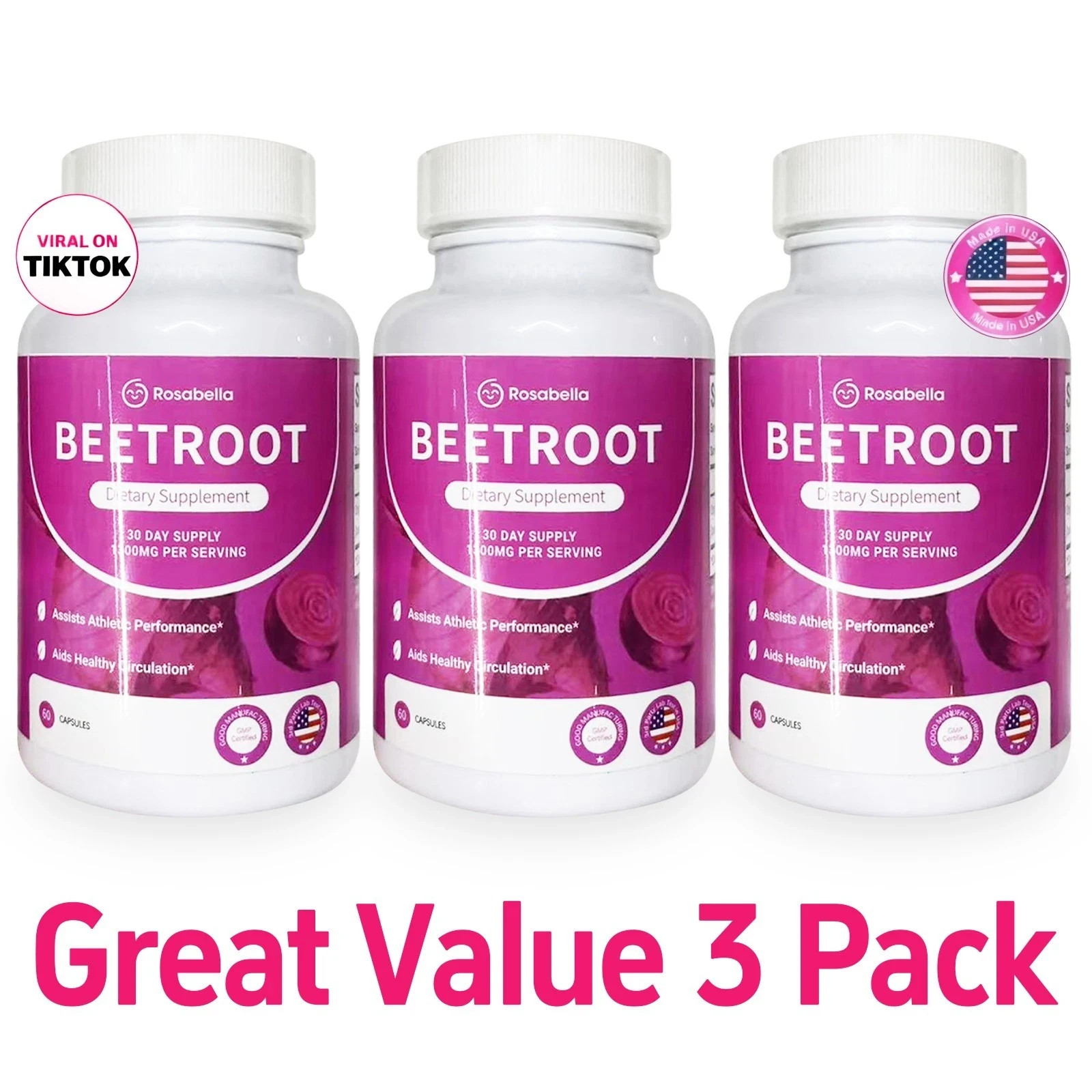 3PC Rosabella Organic Beet Root 60 Capsules NaturalEnergy Boost Blood Pressure–