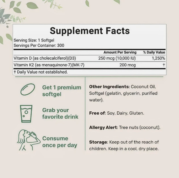 Vitamin D3 10000 iu Plus K2 (MK-7) 200 mcg, 300 Virgin Coconut Oil Softgels