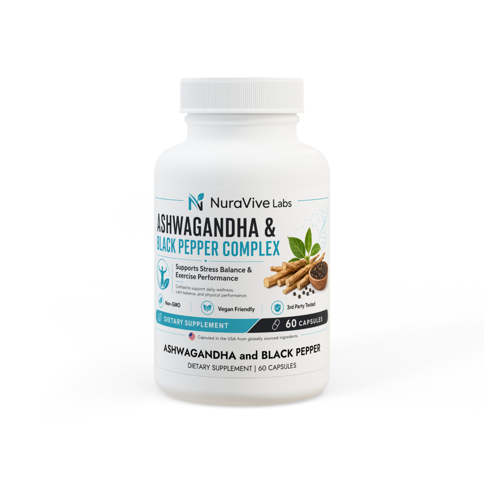 Ashwagandha Black Pepper Complex 60 Capsules Stress Support Vegan Non-GMO