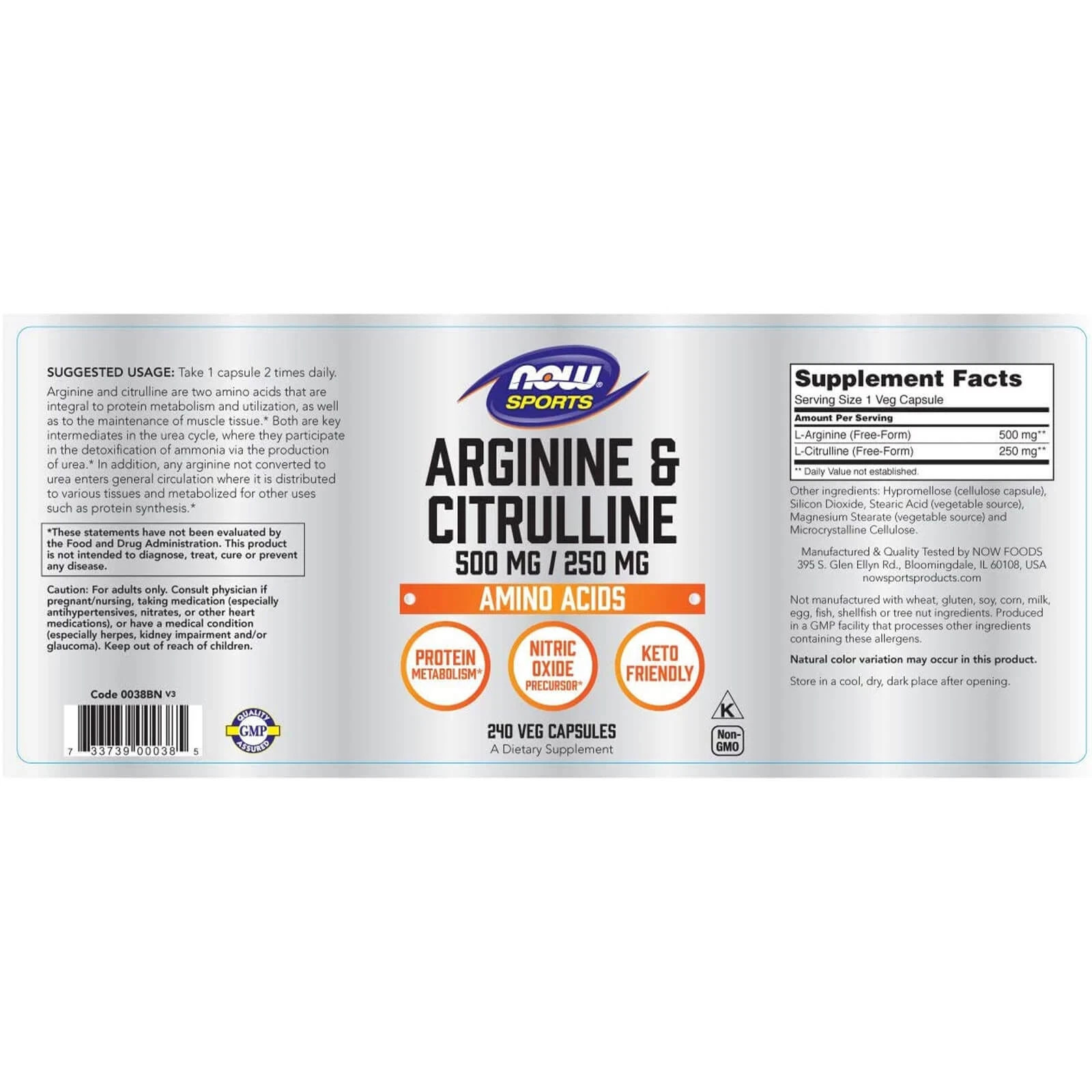 NOW Foods Arginine & Citrulline 500 mg / 250 mg 240 Veg Capsules Pack of 2