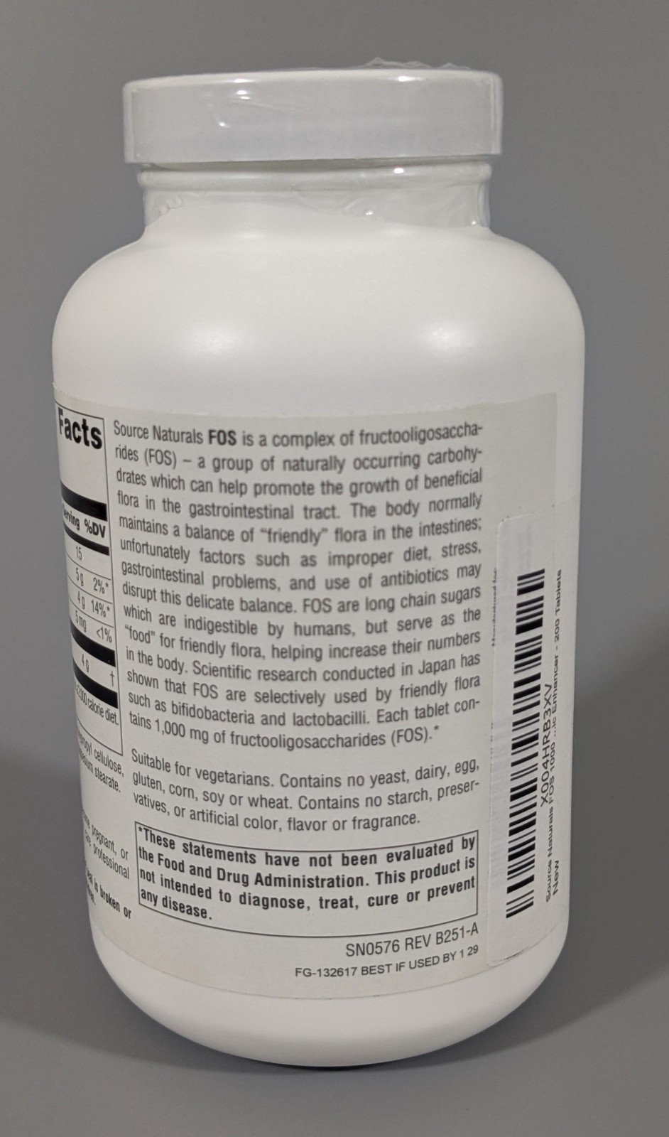 Source Naturals FOS 1000mg 200 Tablets Prebiotic Fructooligosaccharides New