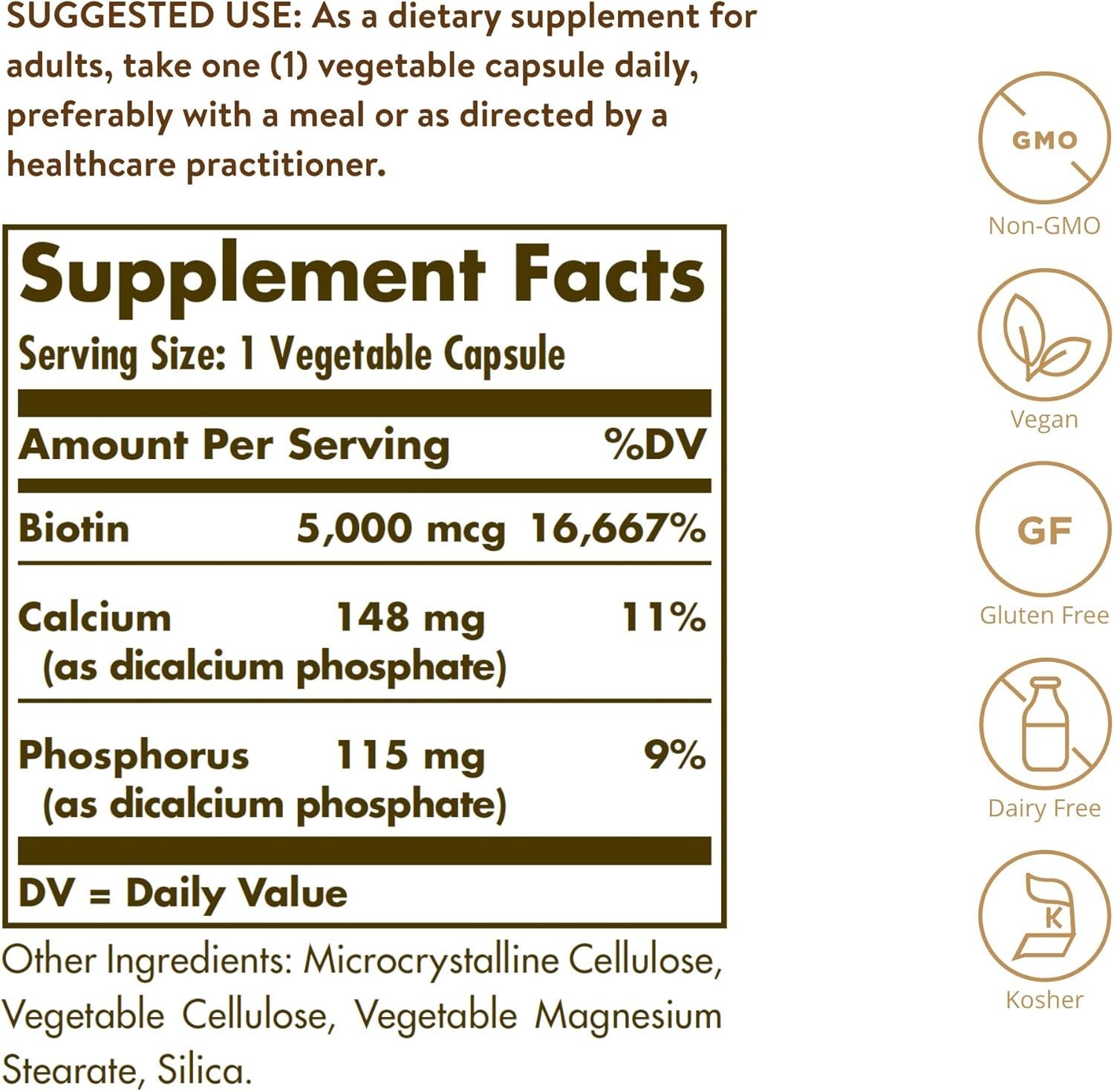 Solgar Biotin 5000 mcg – Unflavored, Standard Packaging, 100 Count