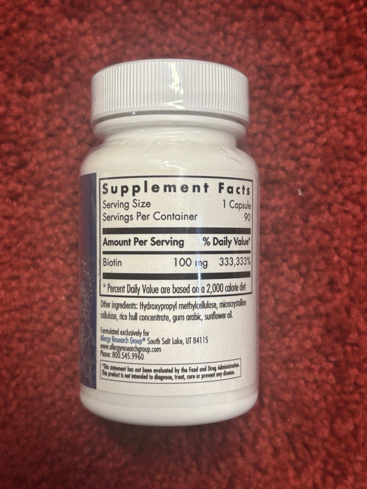 HiBiotin 100mg 90 Veg Caps By Nutricology/ Allergy Research Group Exp 2/27