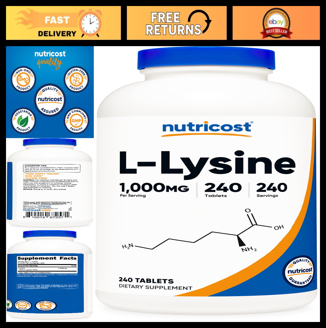L-Lysine 1000mg – 240 Tablets, Gluten Free, Non-GMO, Vegetarian Supplement