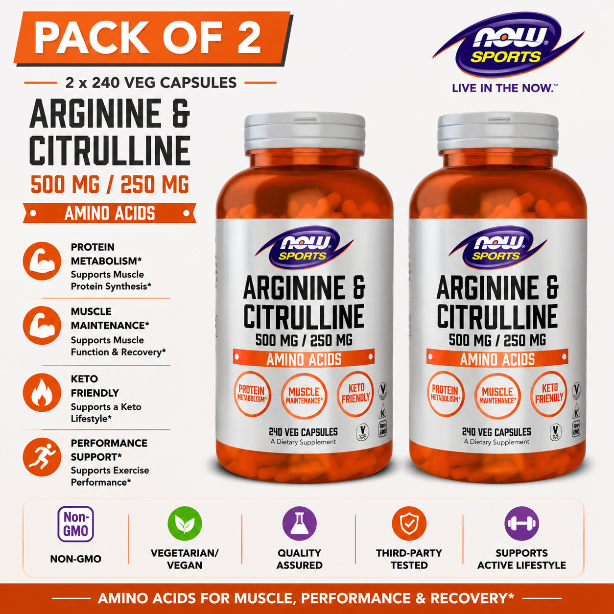 NOW Foods Arginine & Citrulline 500 mg / 250 mg 240 Veg Capsules Pack of 2