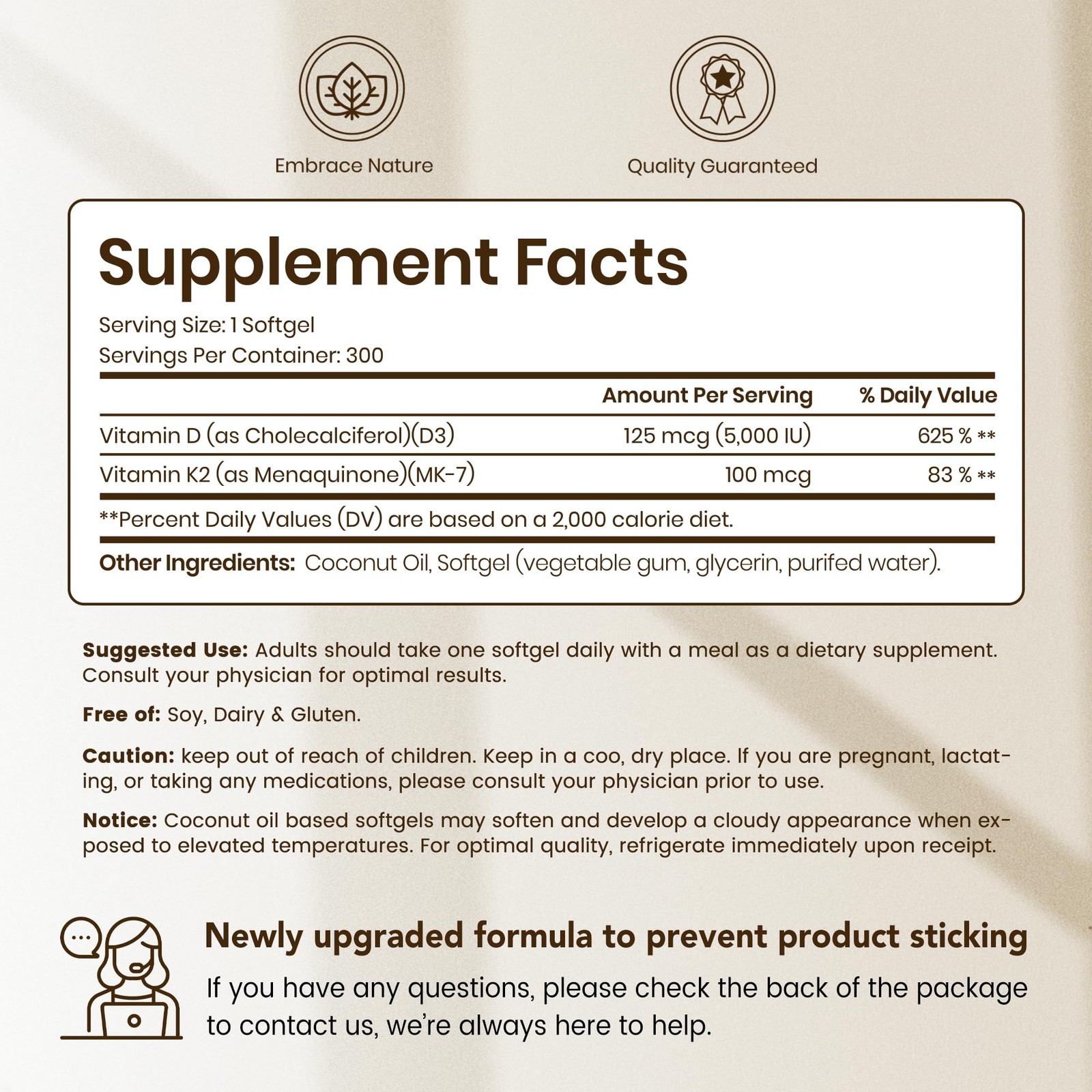VEV Corefeel Vitamin D3 K2 5,000 IU, 100 mcg 300 Count (Pack of 1), White-4