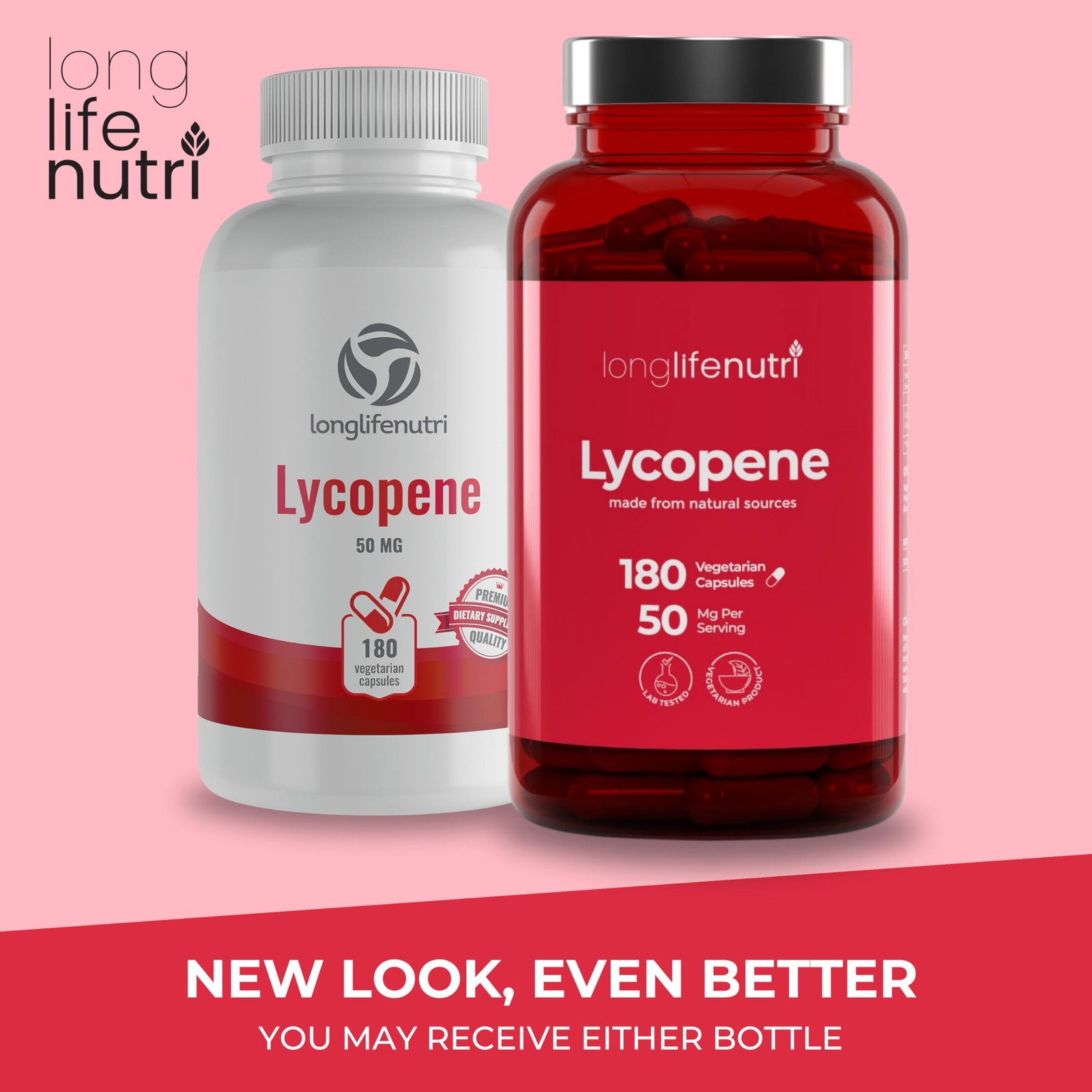 LongLifeNutri Lycopene 50mg, Natural Tomato Extract, 180 Veg Capsules