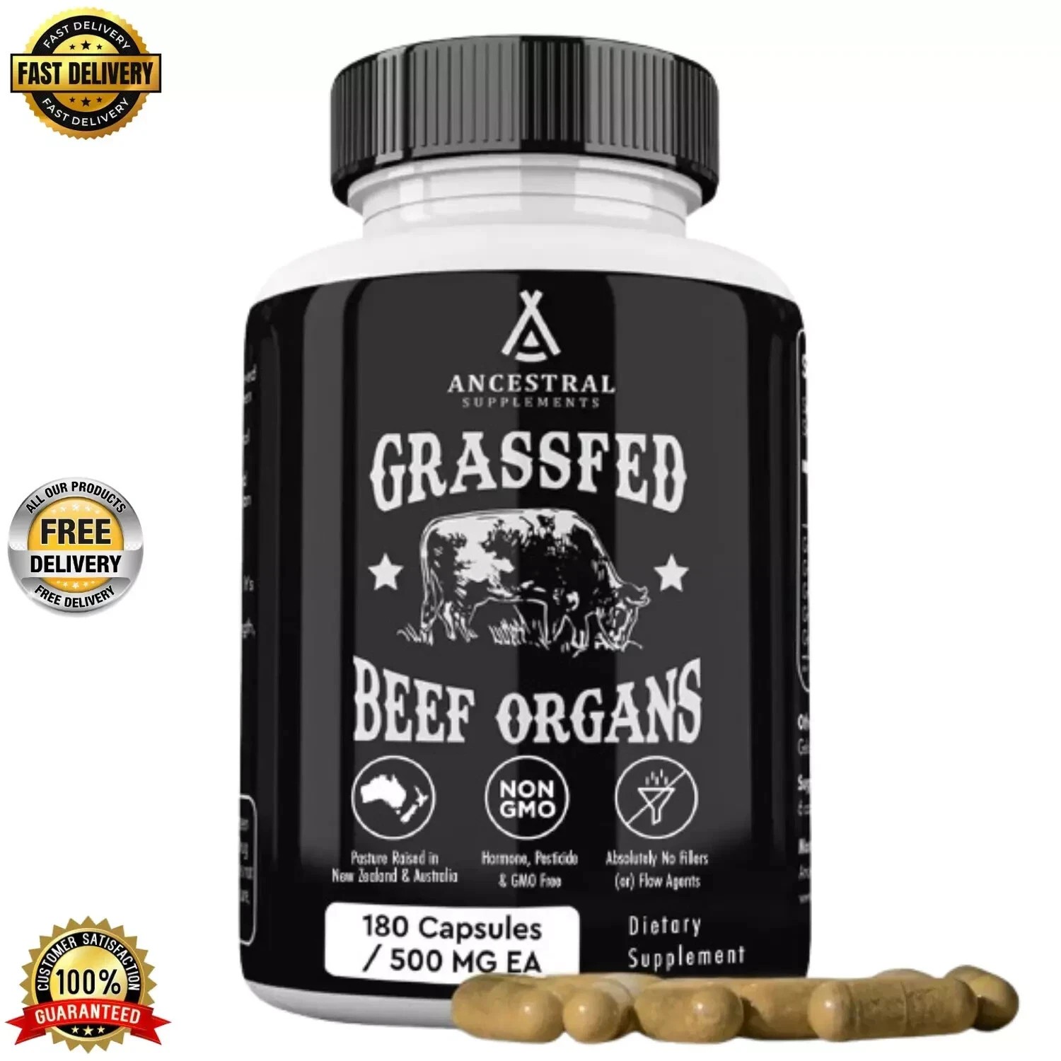 Ancestral Supplements Grass Fed Beef Organ Supplement – Non-GMO, 180 Ct 1-5x