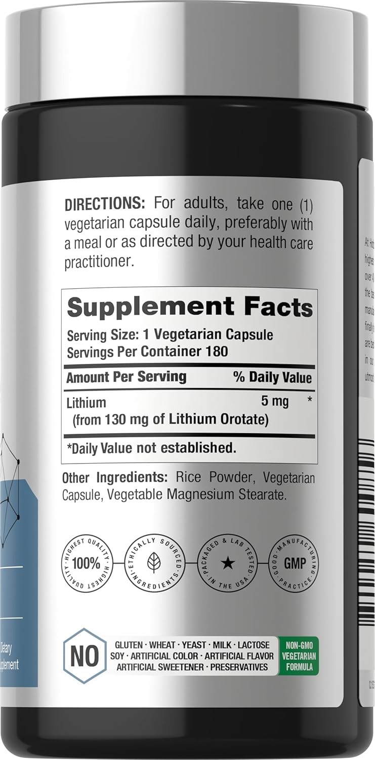 Lithium Orotate 130mg | 180 Capsules | 5mg Elemental Lithium | by Horbaach