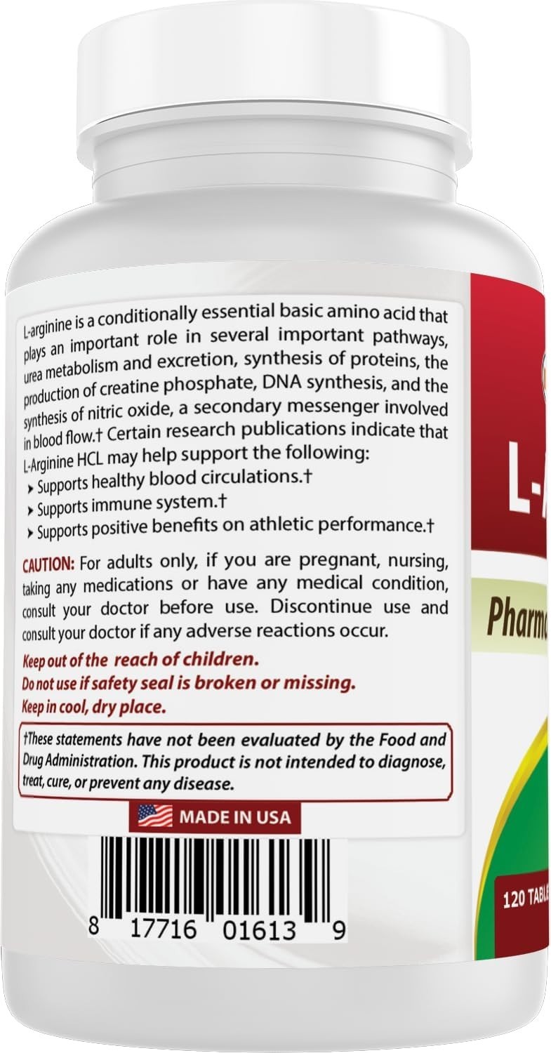 Best Naturals L-Arginine 1000 mg 120 Tablets Nitric Oxide Booster Pharma Grade
