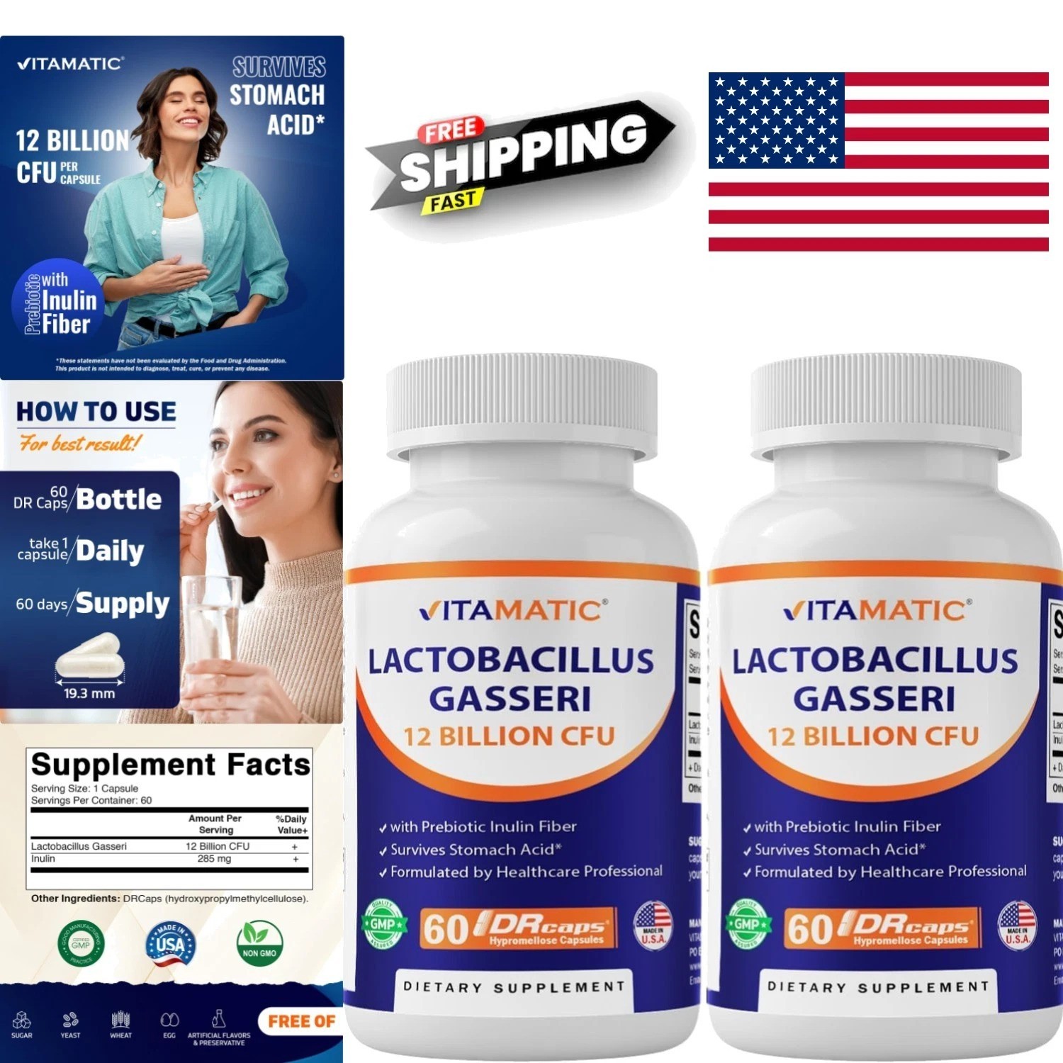 Lactobacillus Gasseri Probiotic Capsules 12 Billion for Digestive Health Support