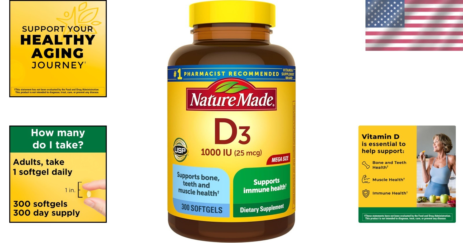 Nature Made Vitamin D3 1000 Iu Softgels 300 Count Bone Immune Muscle Support
