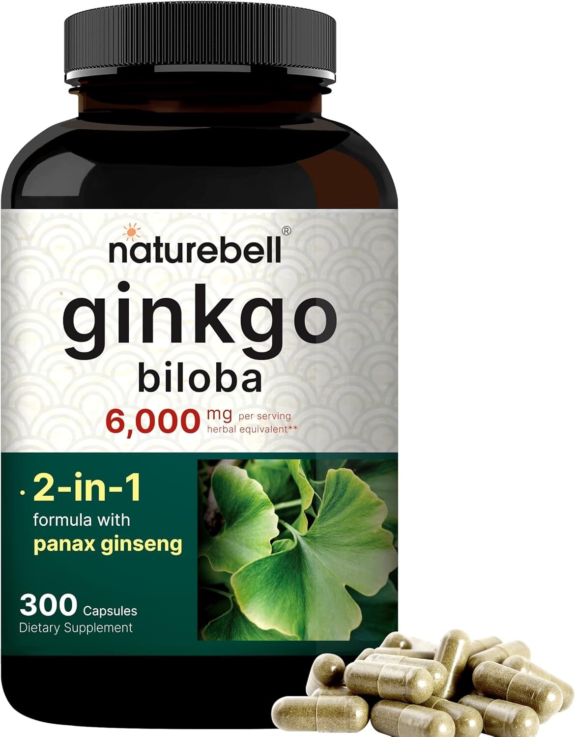 Ginkgo Biloba 6000mg w/ Red Panax Ginseng for Memory Focus Brain Health 300 Caps