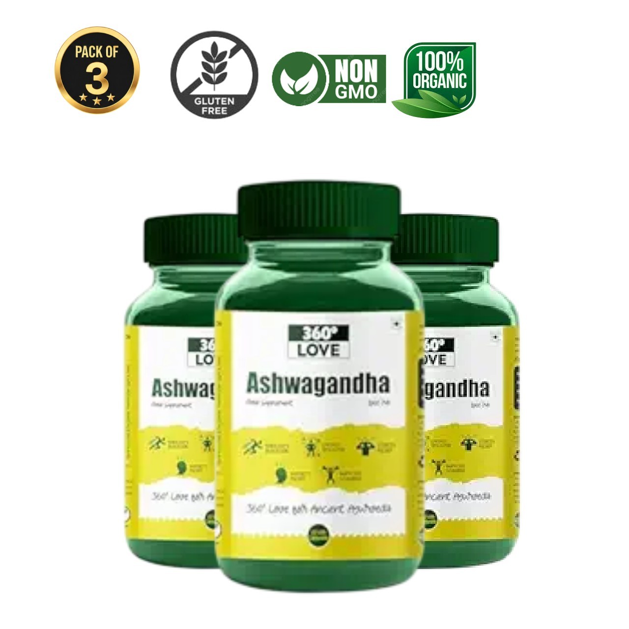 3 Pack 360 .Love Ashwagandha 1000mg 180 Capsules