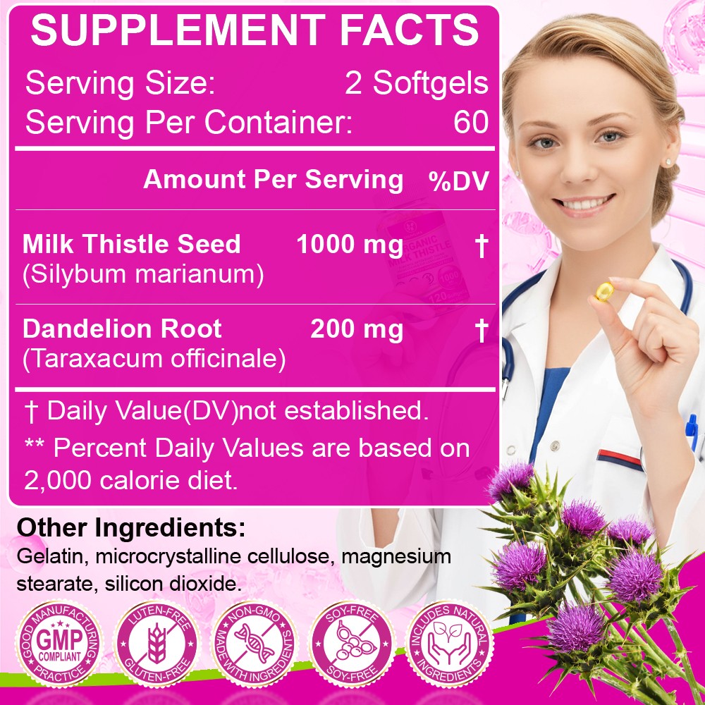 Milk Thistle Liver Cleanse Detox Herbal Liver Support Supplement 120 Capsules.