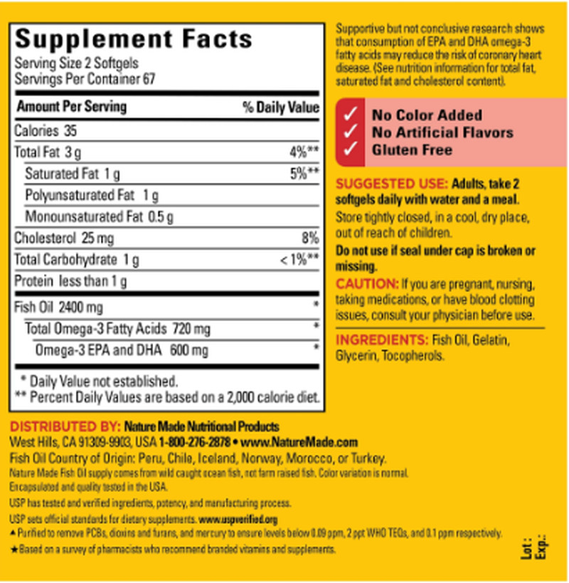 Nature Made Fish Oil 2400mg Per Serving Softgels Omega 3 Fish Oil 134 Count