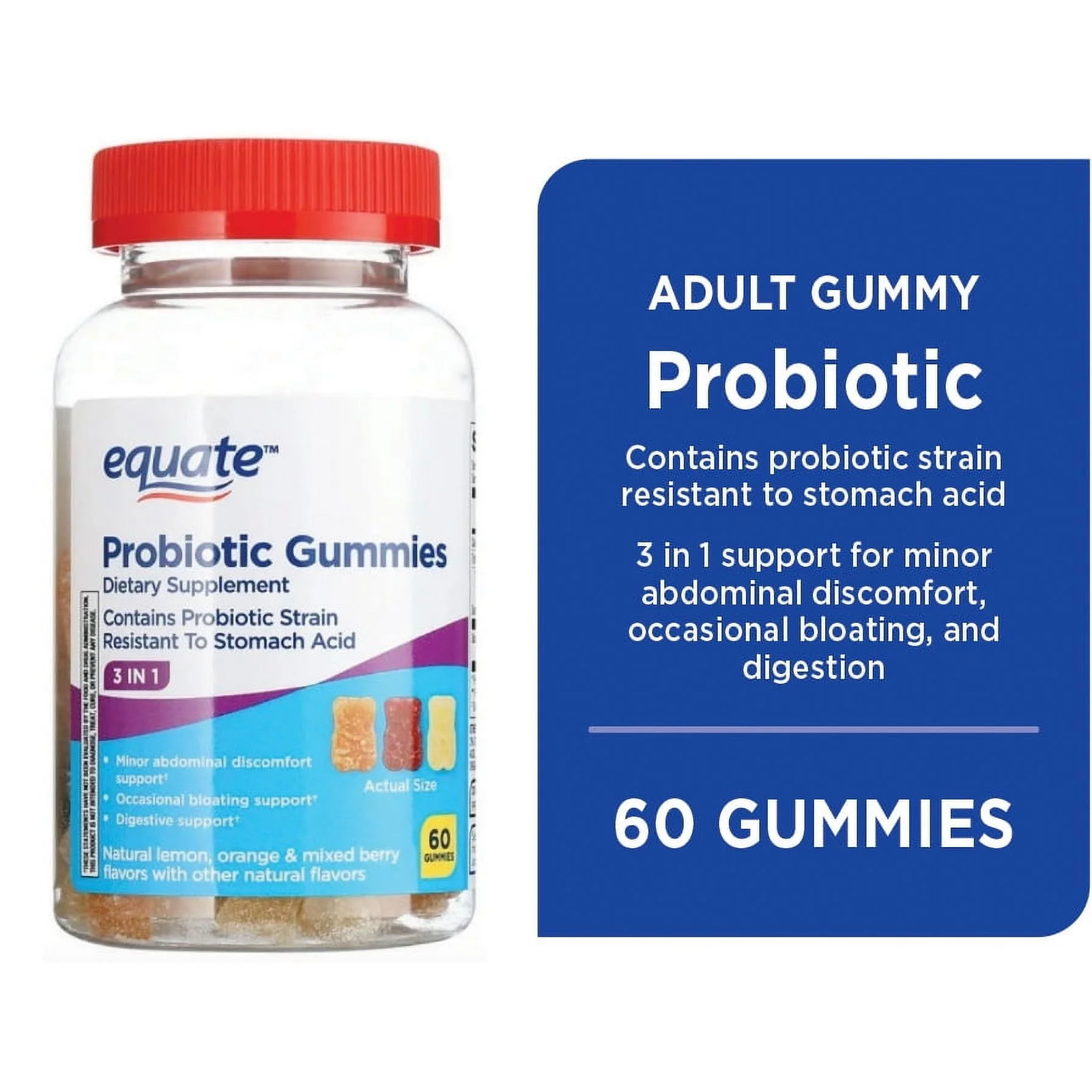 Equate 3-In-1 Daily Dietary Supplement Probiotic Gummies, Natural Fruit Flavors,