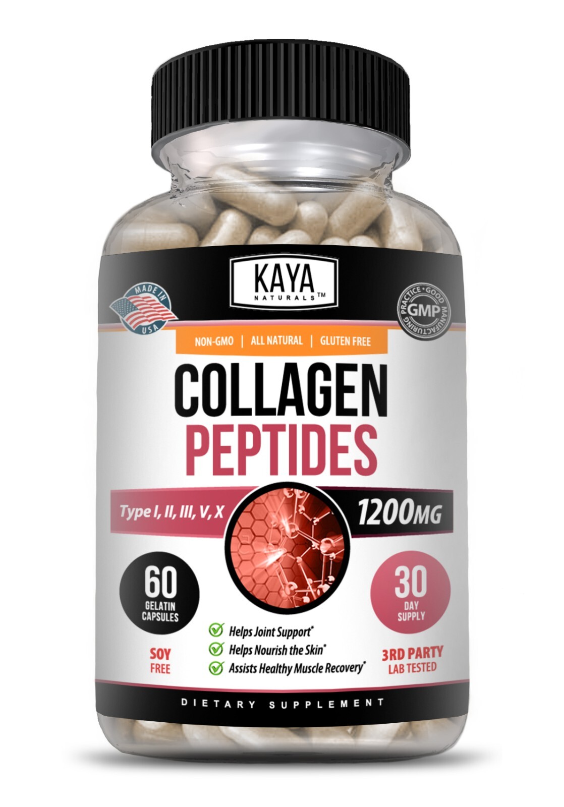 Collagen Peptides Types I, II, III, V, X 1200mg Pills Anti-Aging Skin Capsules