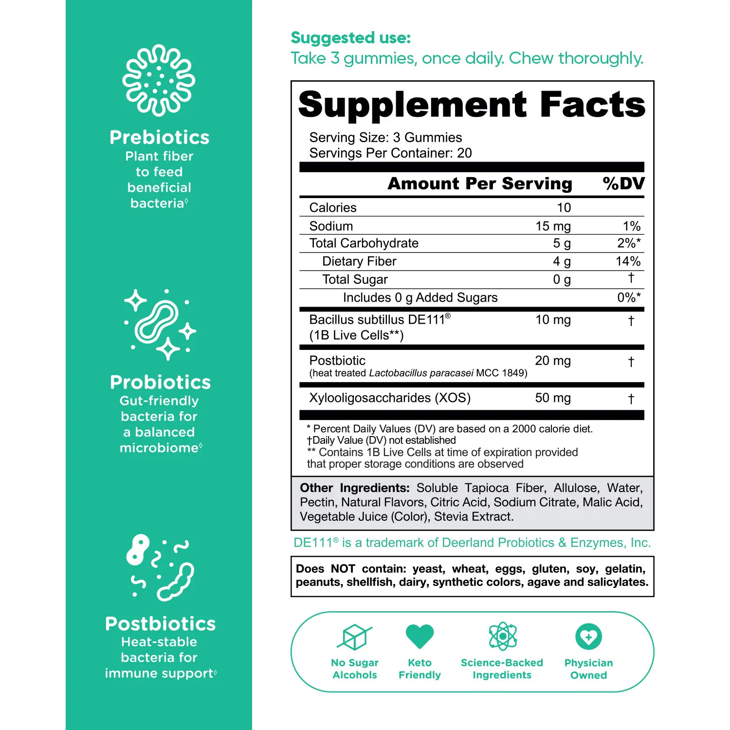 3 Bottles Sugar-Free Vegan Pre Pro Postbiotic Gummies Gluten Free 60 Count