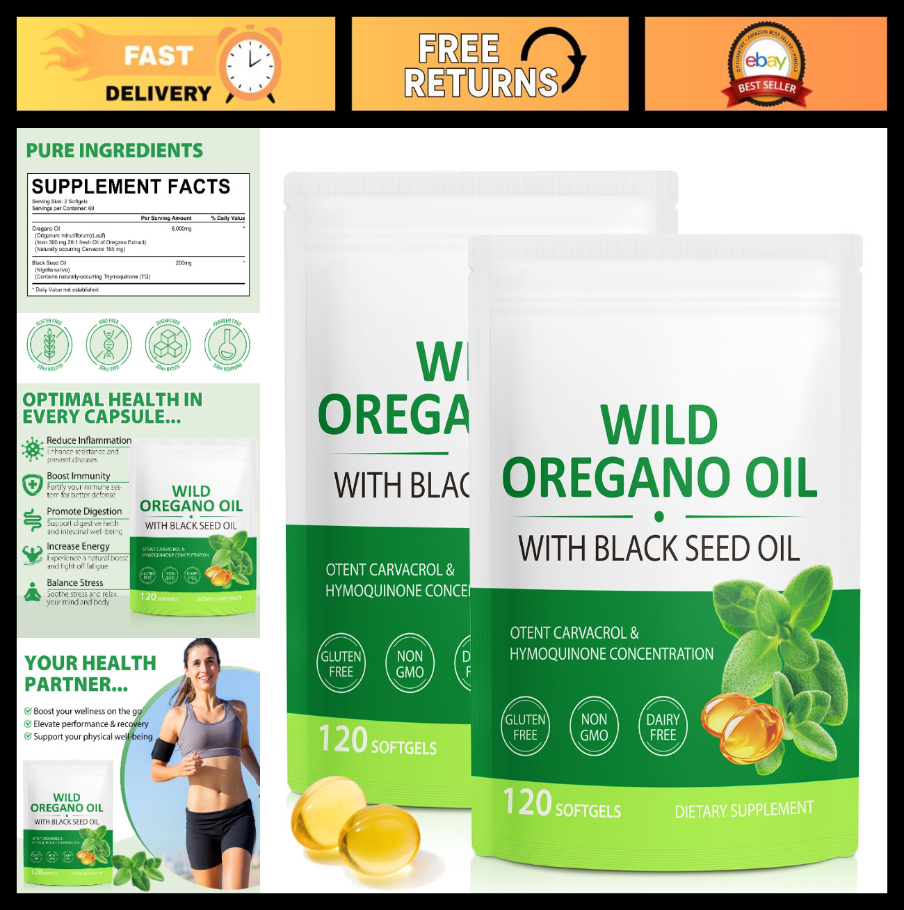 Oregano Oil Softgels 6000mg with Black Seed Oil 200mg – Immune Support, Organic,