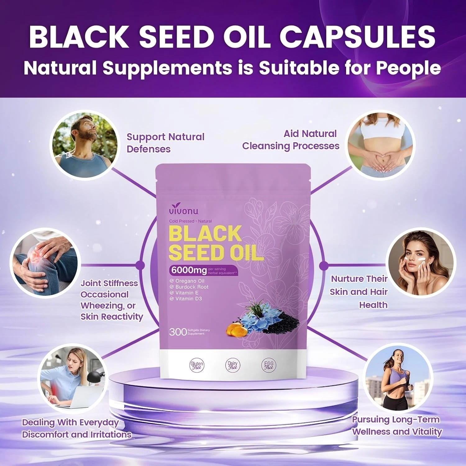 2 Pack Black Seed Oil Capsules,6000mg,300 Count Oil of Oregano,Burdock Root,E&D