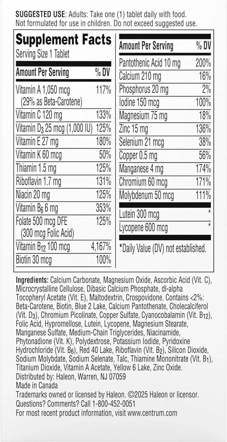 Centrum Silver Mens 50 Plus Multivitamin With Vitamin B & D3, 100 Count