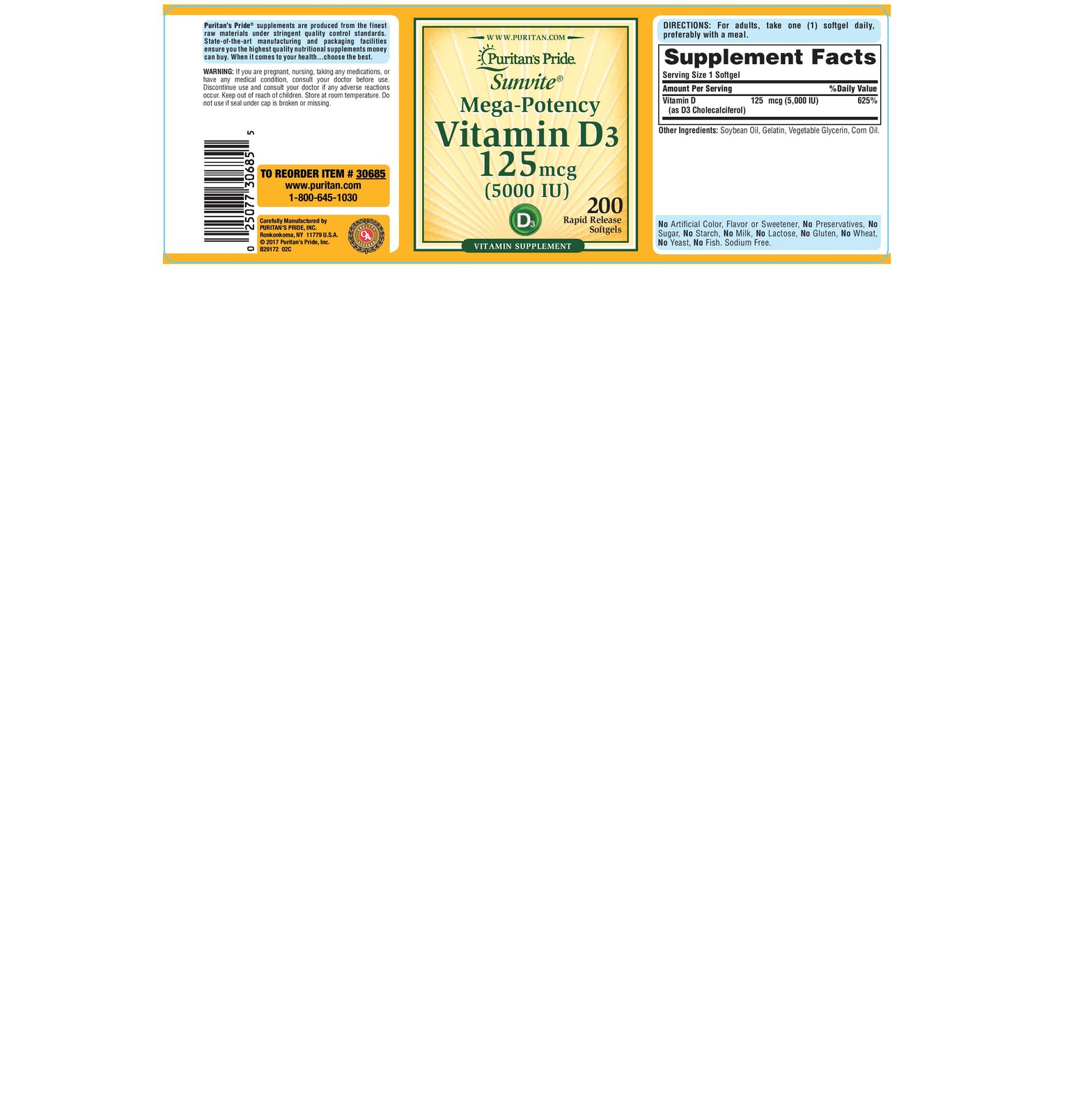 Puritan’s Pride Vitamin D3 5000 IU – 200 Softgels
